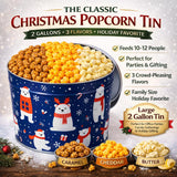 2 Gallon Christmas Popcorn Tin - 3 Flavor Gourmet Holiday Gift Basket - Caramel, Cheddar Cheese & Butter Popcorn - Large Festive Snack Gift