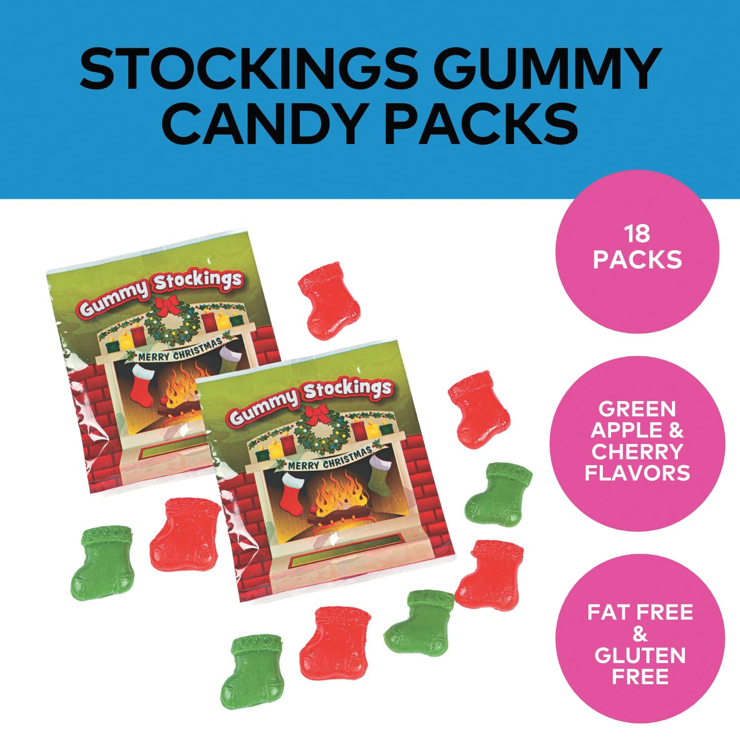 Fun Express Gummy Candy Bulk - Christmas Stocking Stuffers Cherry & Green Apple Fruit Gummies | 18 Individually Wrapped Candy Packs for Kids Party