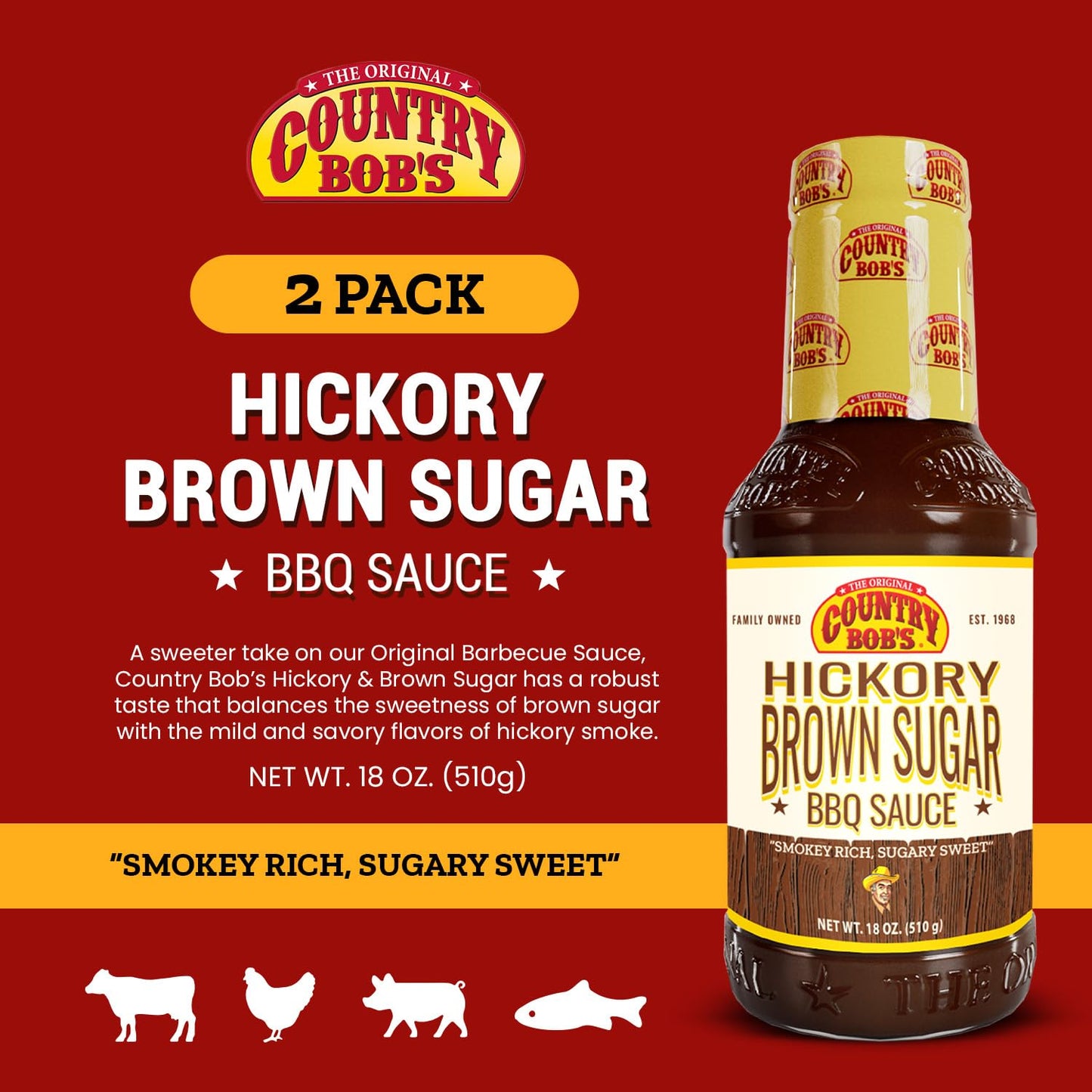 Country Bob's - Hickory & Brown Sugar Barbecue Sauce - 18 oz (Pack of 2)
