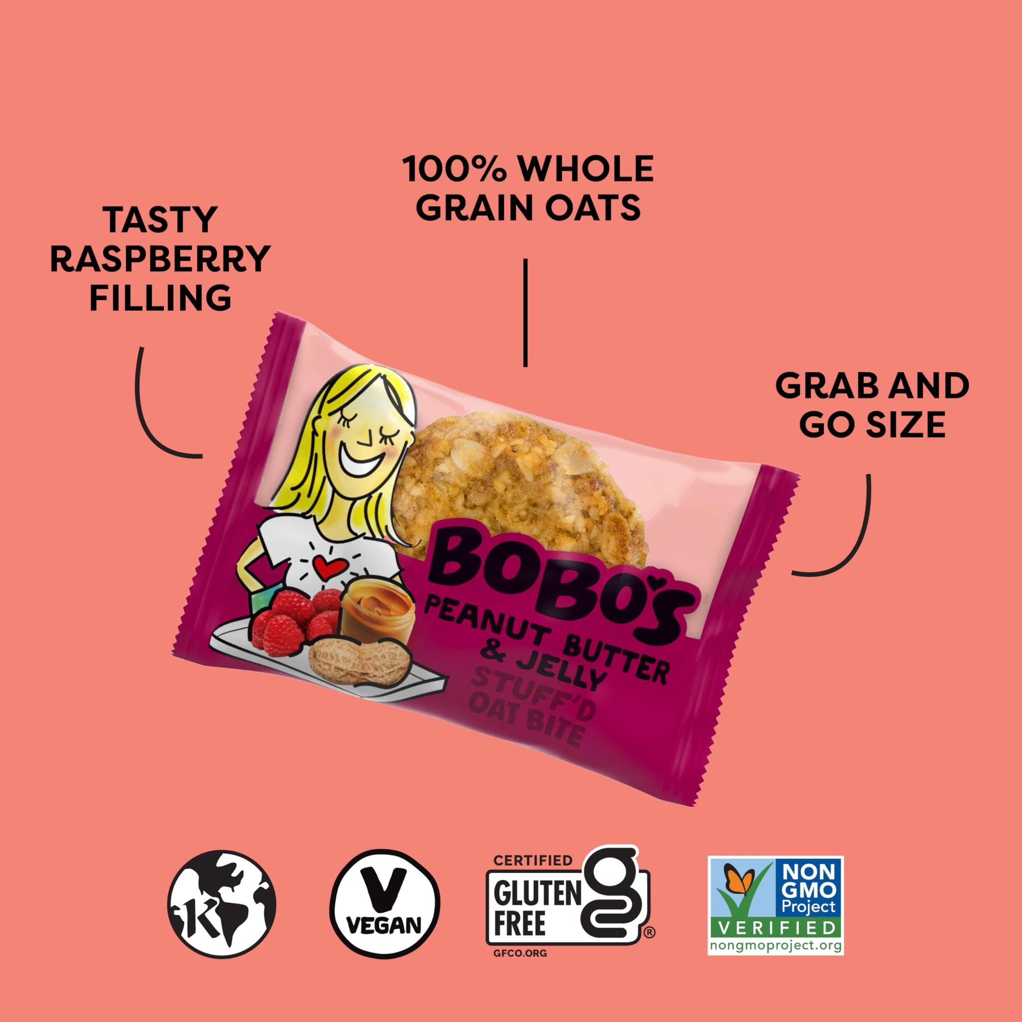 Bobo's PB&J Stuff'd Oat Bites, Simple Ingredients, Whole Grain Oats, Plant Based, Non-GMO, Gluten Free Breakfast Bars, Healthy Snacks for Adults