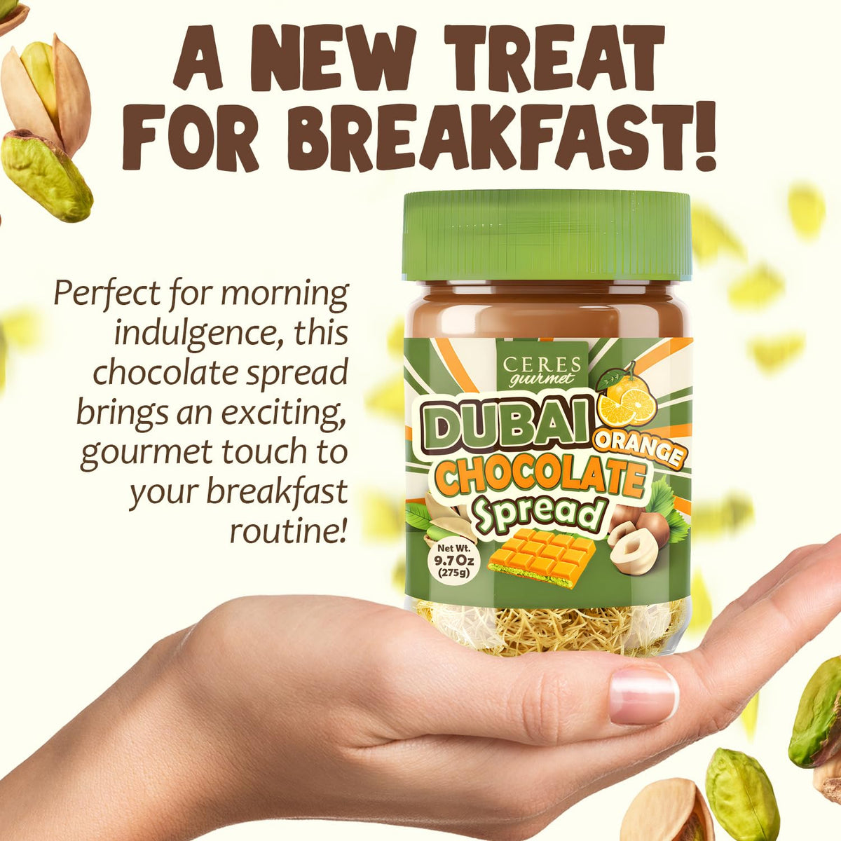 Dubai Spreadable Chocolate with Freeze-Dried Orange - Premium Pistachio Spread with Roasted Phyllo - Gourmet Breakfast Chocolate (9.7 oz / 275g Jar)