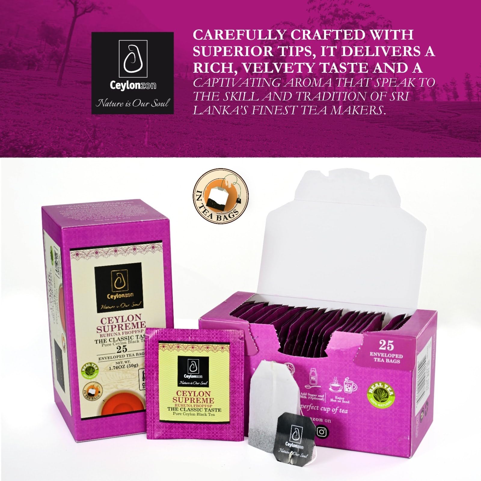 Ceylonzon Ceylon Supreme Flowery Broken Orange Pekoe Fannings Special Tea Classic Taste 25 Individually Foil-Wrapped Tea Bags 40g