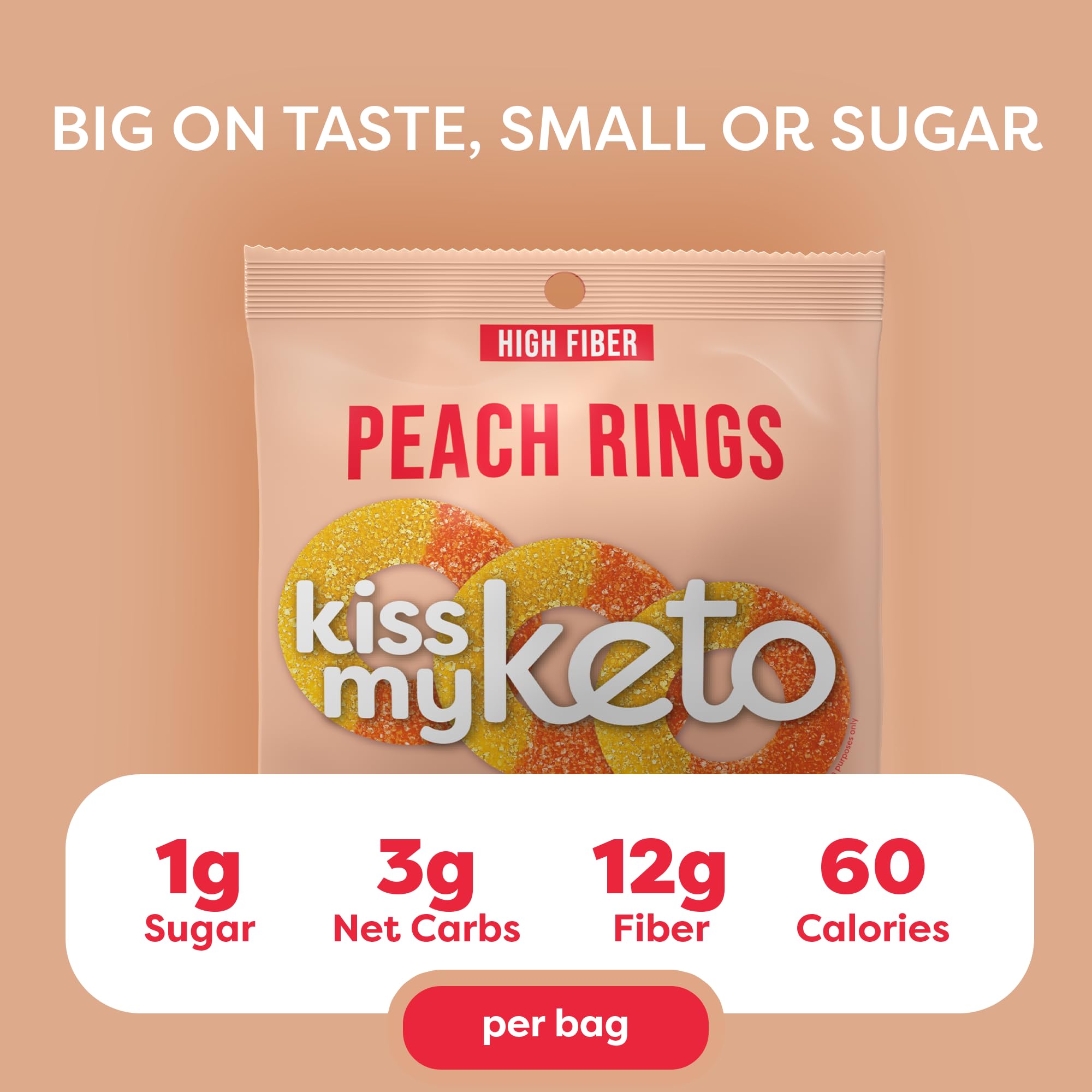 Kiss My Keto Gummy PeachRingsCandy - 1g Sugar, Low Carb, High Fiber, non-GMO Peach Ring Candy - Healthy PeachGummy Rings, Bag ofPeach Rings - Peach