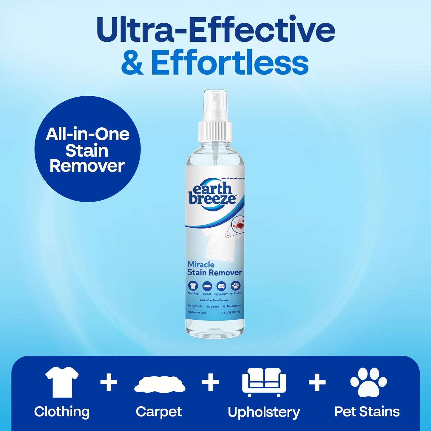 Earth Breeze Miracle Stain Remover Spray - Powerful All-In-One Solution - Removes Virtually All Household Stains - No Harsh Chemicals