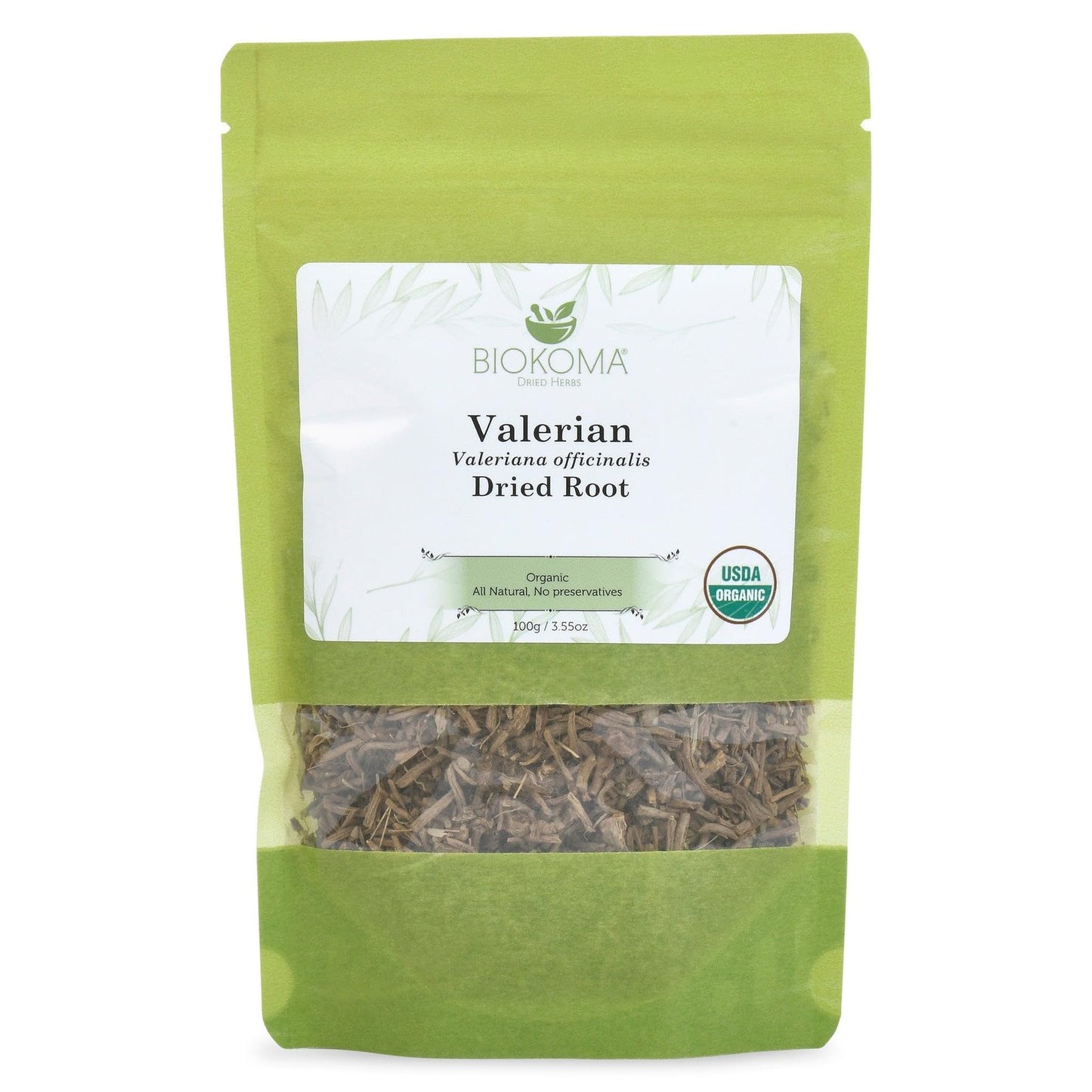Biokoma Organic Valerian Dried Root 100g 3.55oz Cut Valeriana officinalis Herb Sleep Relax Support Resealable Moisture Proof Pouch USDA Organic Herbal