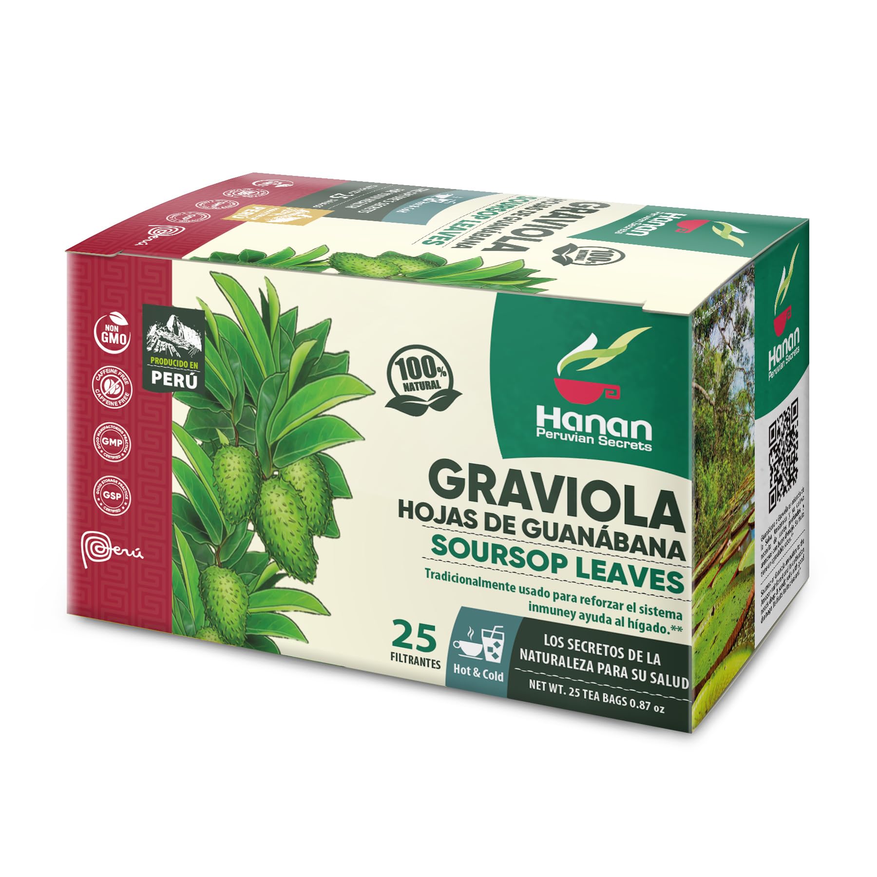 Hanan Peruvian Secrets Hojas De Guanabana-Graviola Herbal Tea | 100% Natural Soursop Leaves | 25 Tea Bags | Naturally Aids in Supporting the Liver