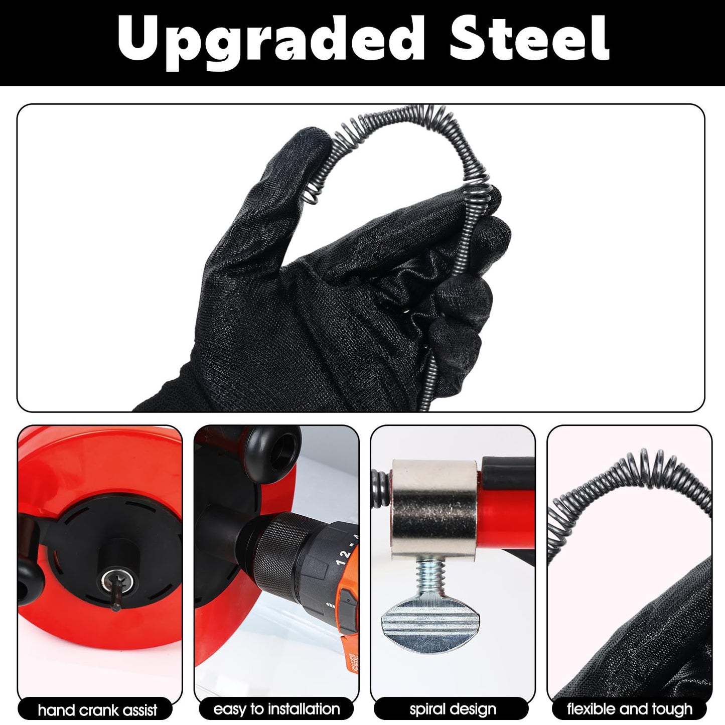 50 Ft Drain Auger,Use Manually or Drill Powered 50 Feet Drain Snake,Heavy Duty Flexible Plumbing Snake,With Gloves and Storage Bag for Kitchen Sink