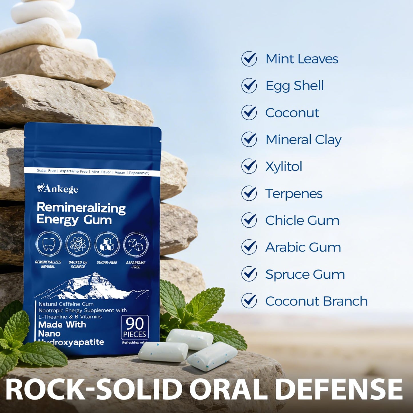 90 Pieces Remineralizing Gum & Energy Gum, with Nano-Hydroxyapatite & Xylitol, SugarFree Chewing Gum for Enamel Repair, Cavity Protection & Receding