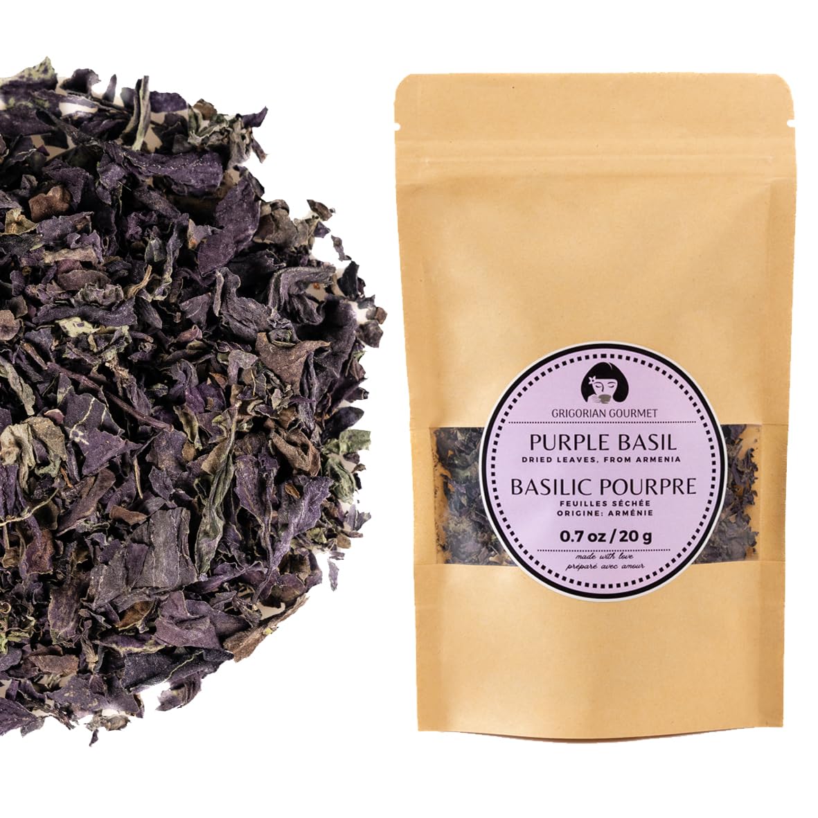 Purple Basil (Ocimum basilicum) 0.7 OZ (20g), Aromatic Italian, Armenian, Greek Heritage Variety - Naturally Caffeine-Free - Grown in Armenia - Ideal
