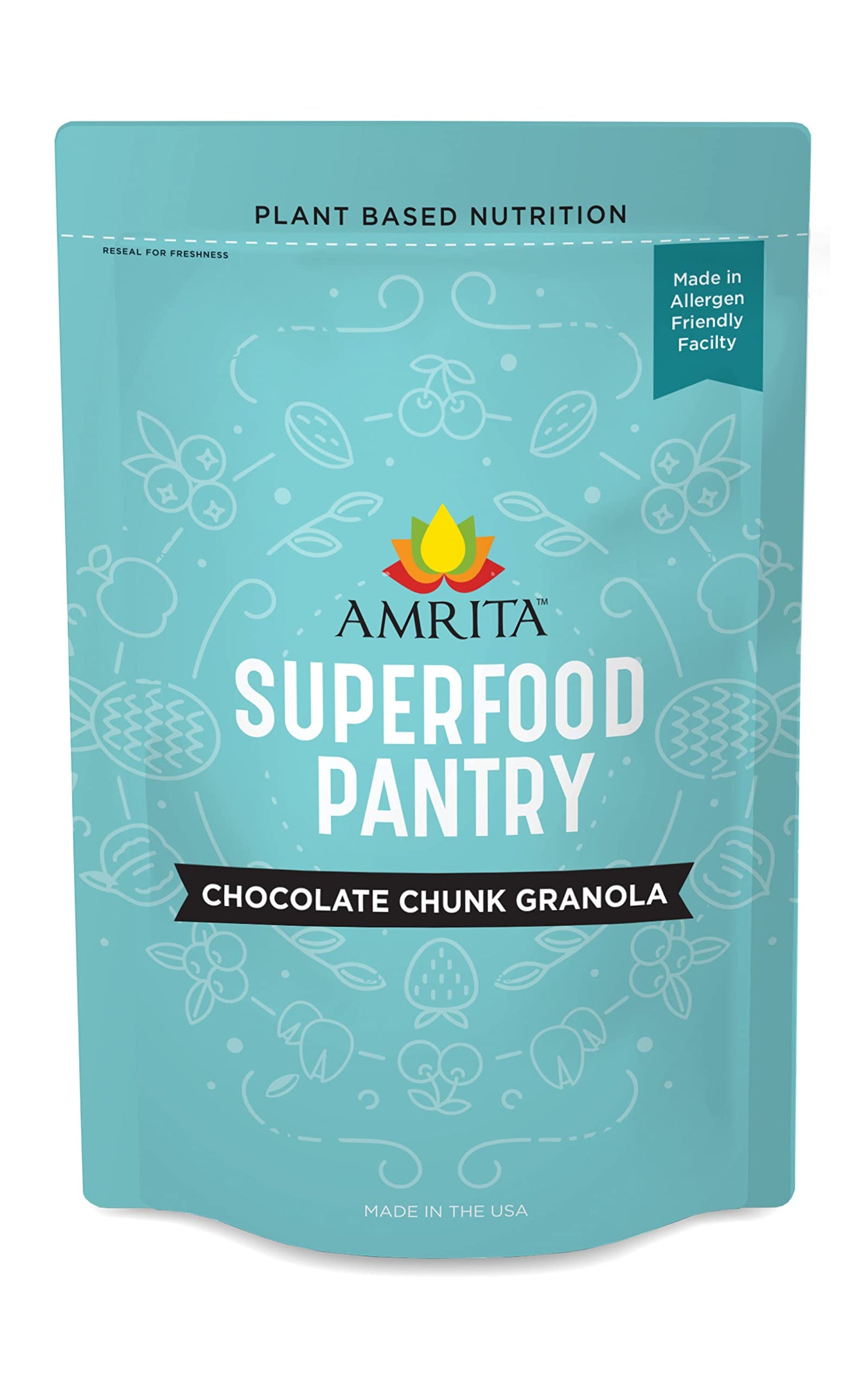 Amrita Chocolate Chunk Granola (30 oz) | Protein & Fiber Rich Rolled Oats Cereal | Gluten Free, Nut Free, Soy Free, Dairy Free, Vegan, non-GMO |