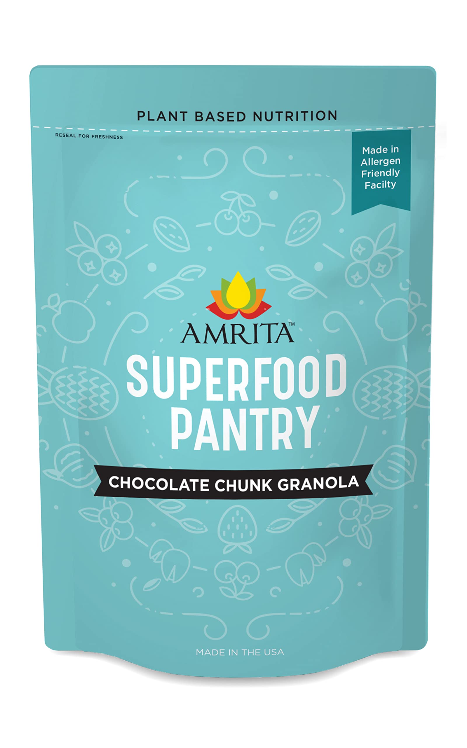 Amrita Chocolate Chunk Granola (30 oz) | Protein & Fiber Rich Rolled Oats Cereal | Gluten Free, Nut Free, Soy Free, Dairy Free, Vegan, non-GMO |