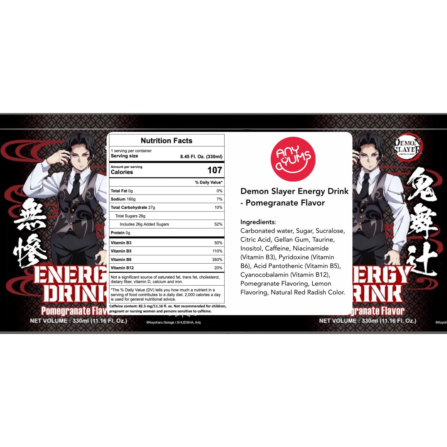 Demon Slayer Pomegranate Energy Drink - 11.16 fl oz (330 ml) Cans - Muzan Collectible Anime Character Drink (6-Pack)