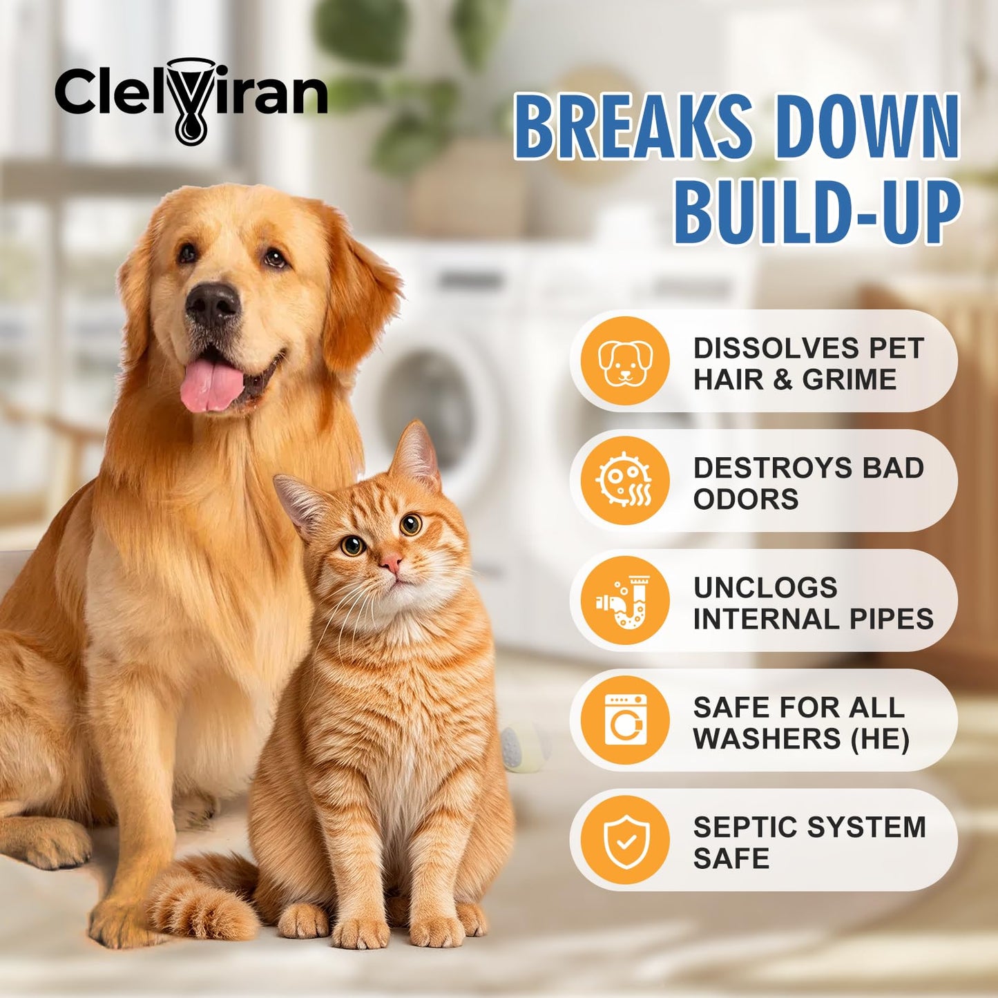 Clelviran Pet Hair Washing Machine Cleaner Powder, Enzyme Action Removes Odor Causing Residue and Grime Deep Inside Pump, HE Front and Top Load Washer