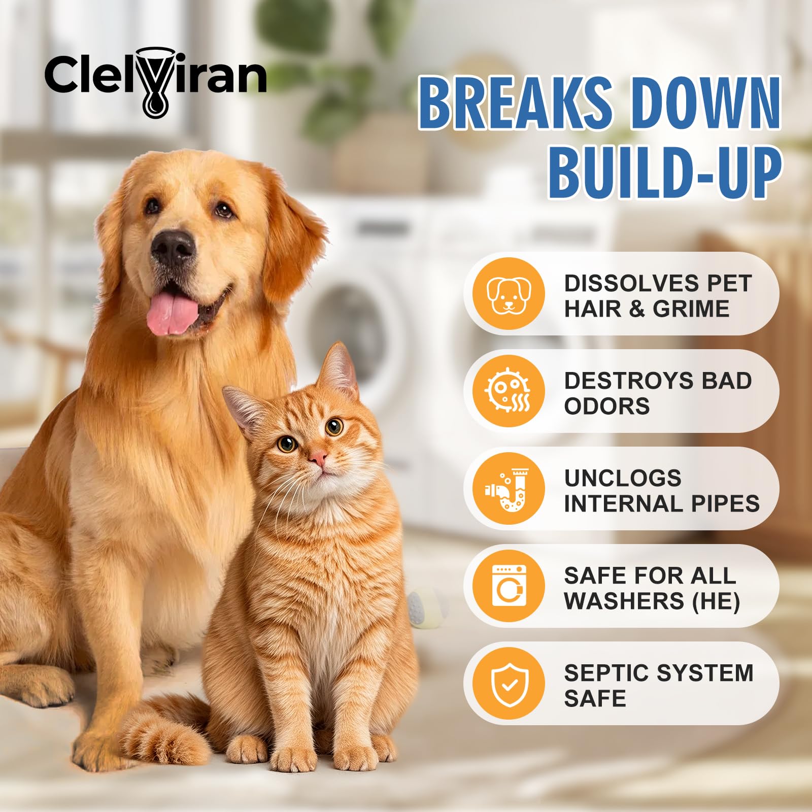Clelviran Pet Hair Washing Machine Cleaner Powder, Enzyme Action Removes Odor Causing Residue and Grime Deep Inside Pump, HE Front and Top Load Washer