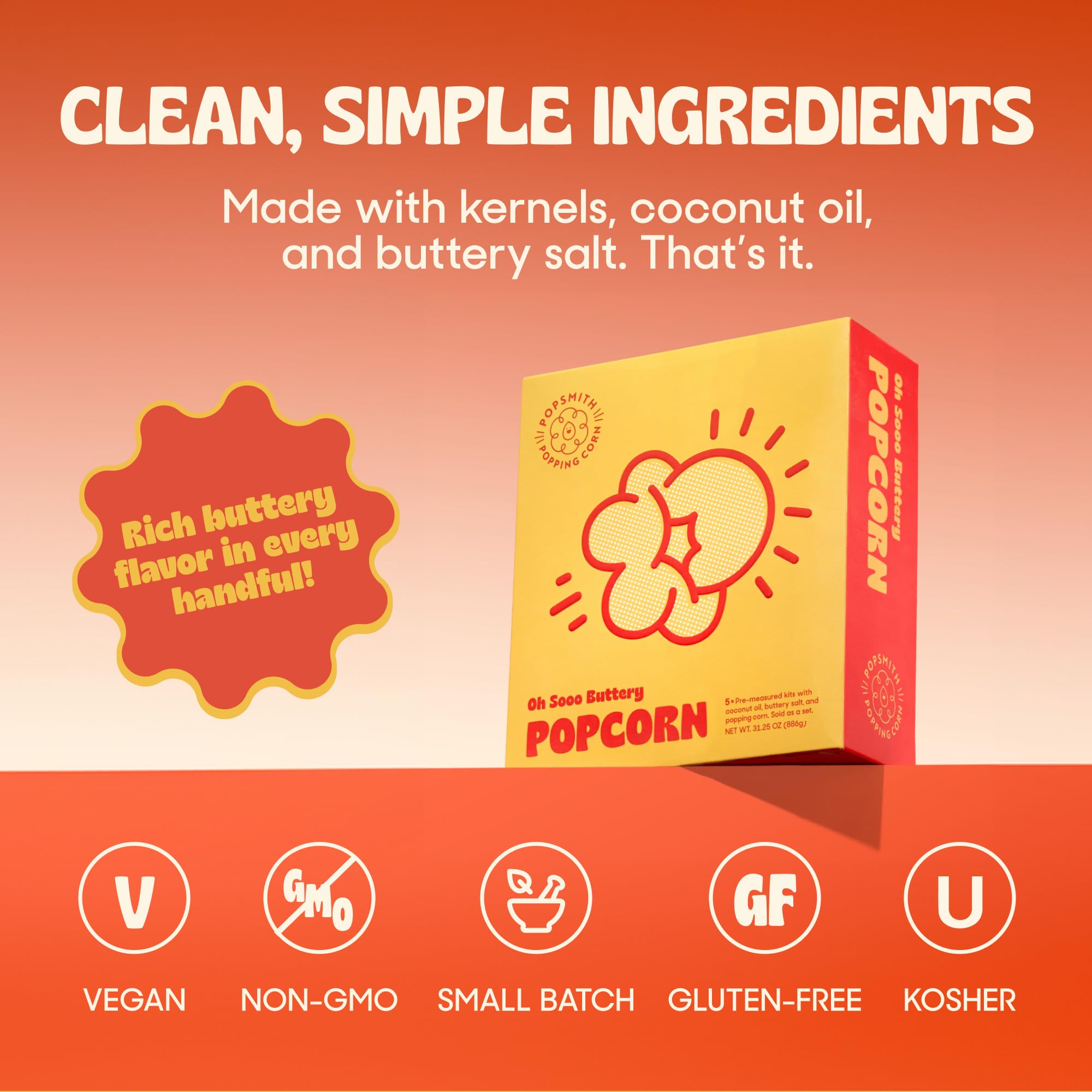 Popsmith Popcorn Pre-Measured Kits - Five 4-oz Buttery Popcorn Kits with Butter Flavored Coconut Oil & Buttery Salt. Authentic Movie Theater Flavor.