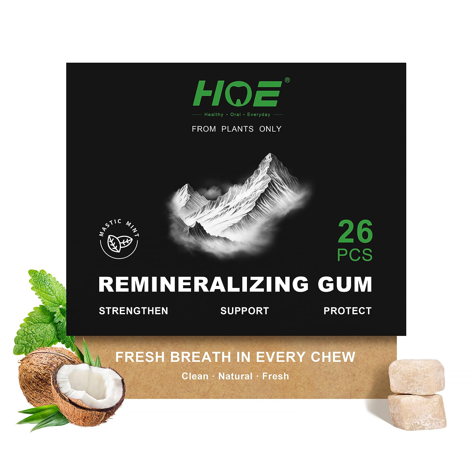 Remineralizing Gum with Nano Hydroxyapatite - Sugar-Free Xylitol Gum - Plastic-Free, Dye-Free, Aspartame-Free - Natural Base -26 Pieces, Mastic Mint