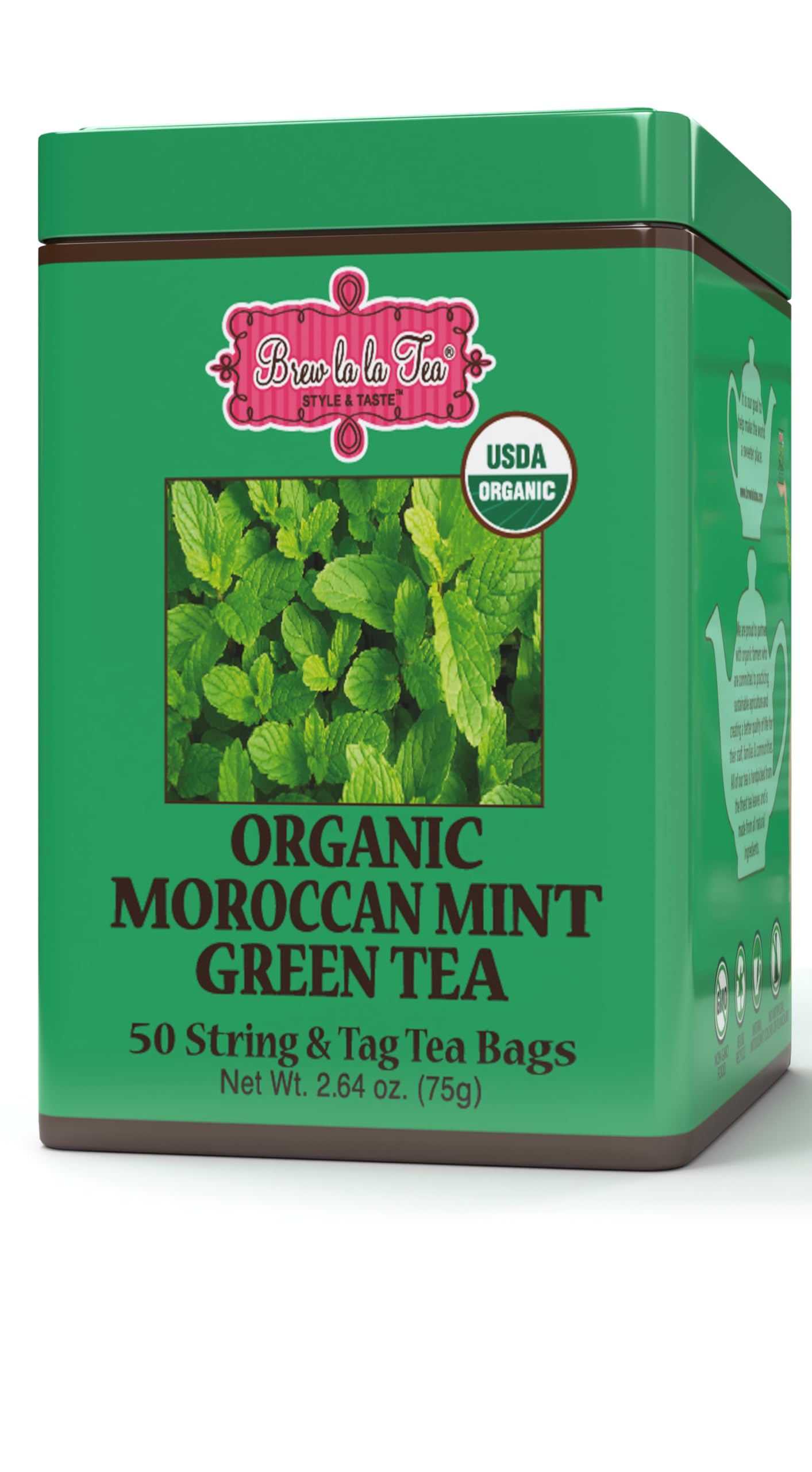 Brew La La Organic Green Tea - Moroccan Mint Flavor - 50 Double Chambered Bags - Low Caffeine Gourmet Tea - Certified Organic
