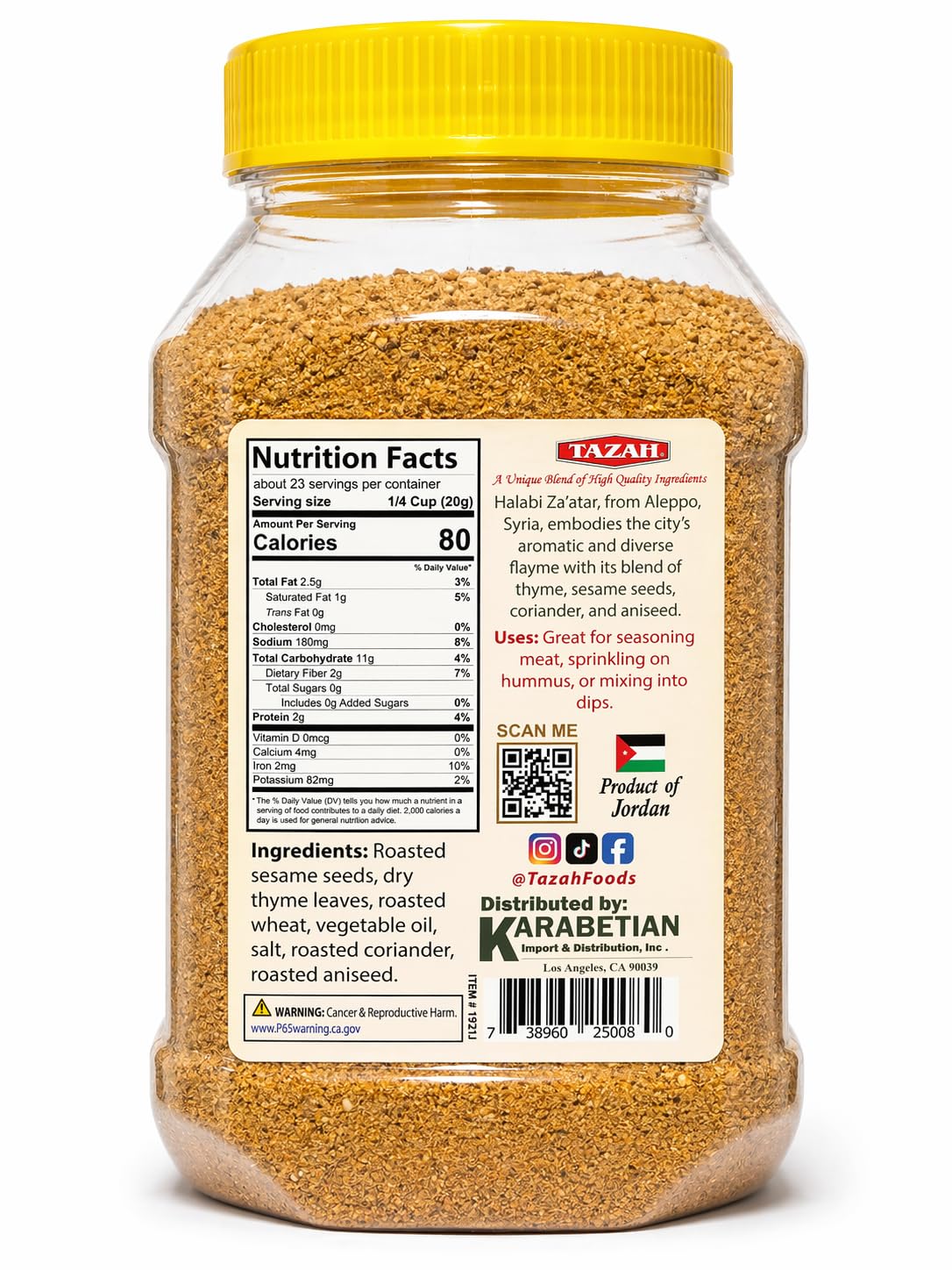 Tazah Zaatar 16oz Syrian Recipe Zatar Spice Blend Thyme Mixture Halabi Za'atar in Jar