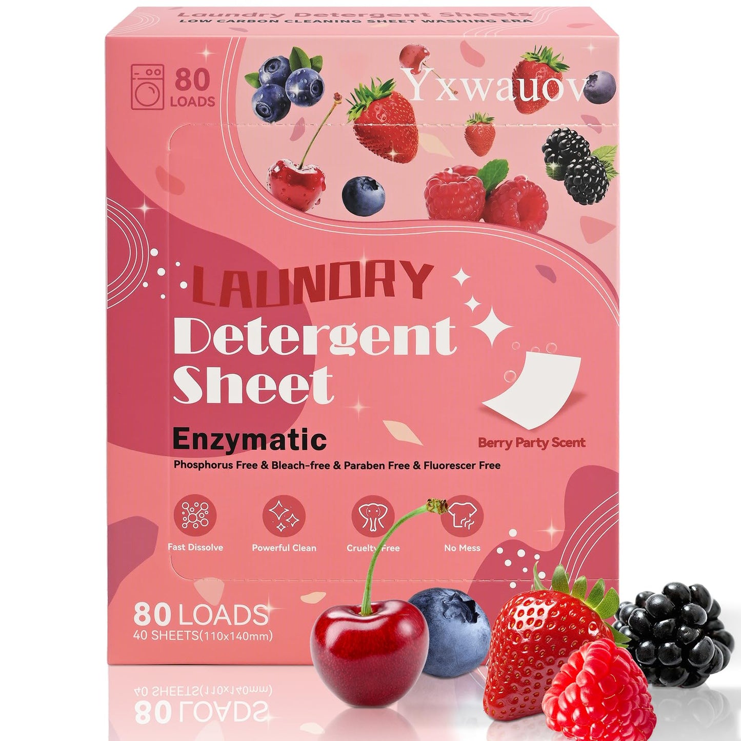 Laundry Sheet 80 Loads Eco-Friendly Laundry Soap Washer Sheets - Liquidless Detergent Plastic Free & Hypoallergenic(Berry Party Scented)