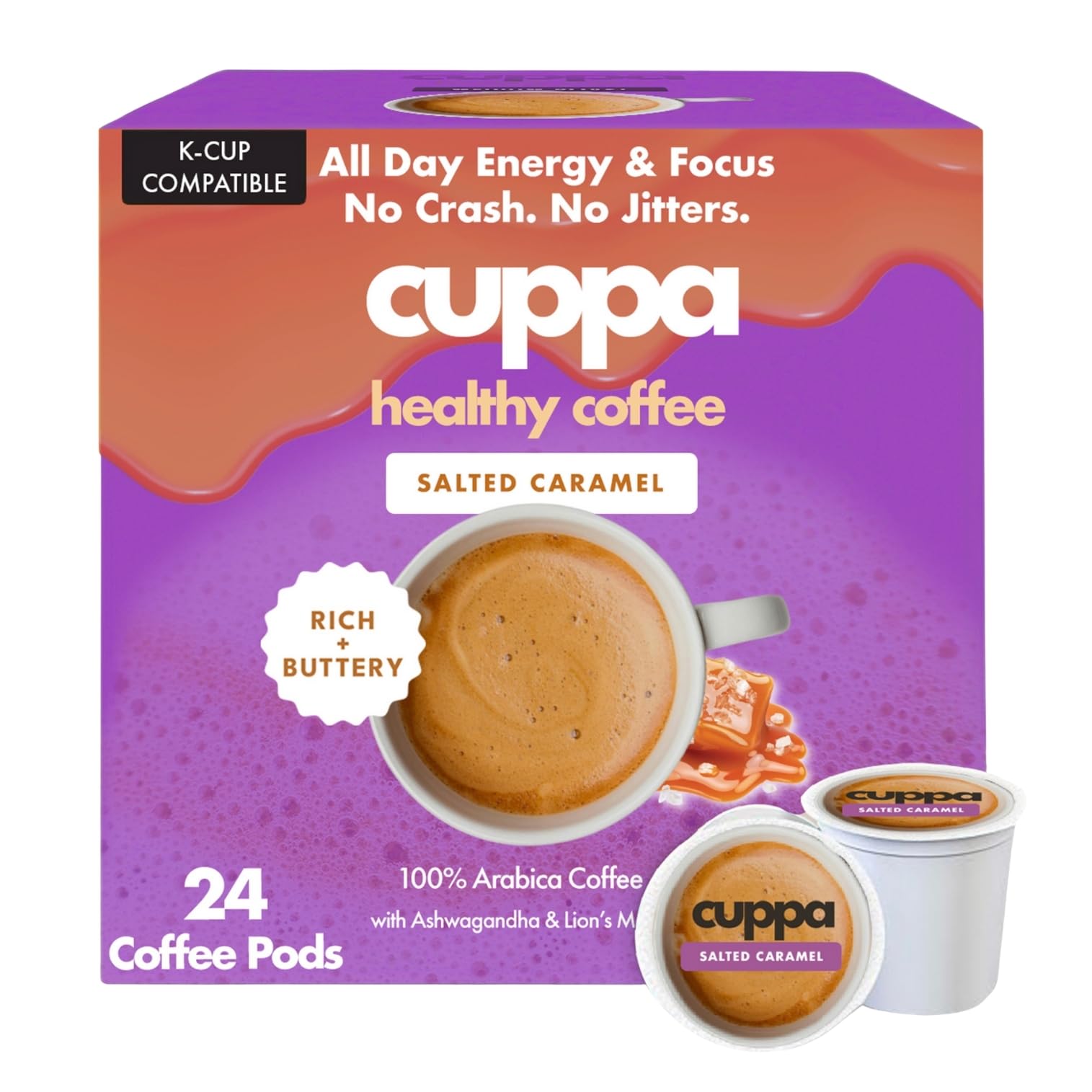 Cuppa Salted Caramel Mushroom Coffee with Adaptogens & Superfoods - Lion’s Mane, Ashwagandha & Cordyceps. Adaptogens + MCT to support natural energy