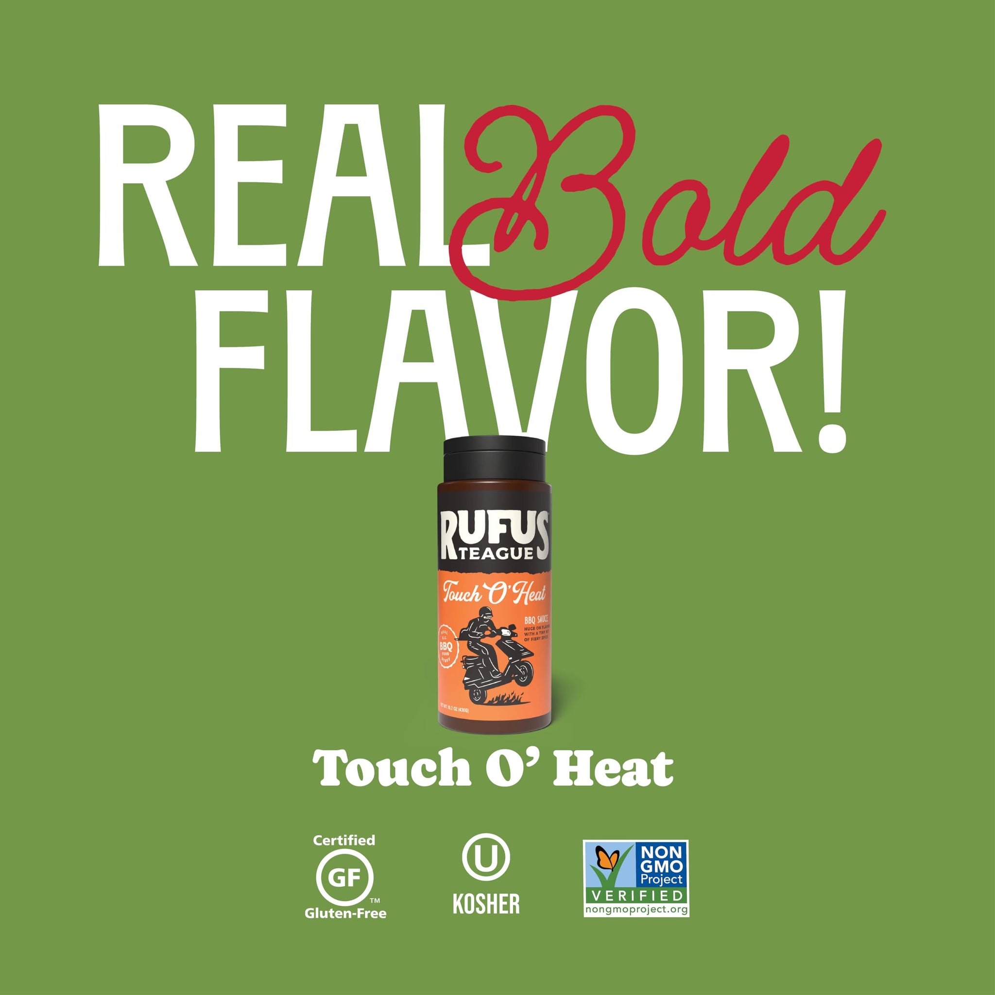 Rufus Teague Touch O' Heat BBQ Sauce, Flip Top Squeeze Bottle, 15.2 oz