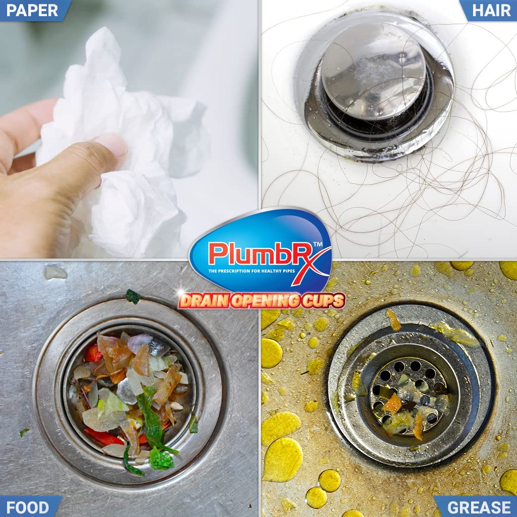 PlumbRx Drain Opener Cups | Hair Clog Remover | Drain Cleaner For Toilets, Sinks, Tubs - Septic Safe | 3 Uses + Hair Snake