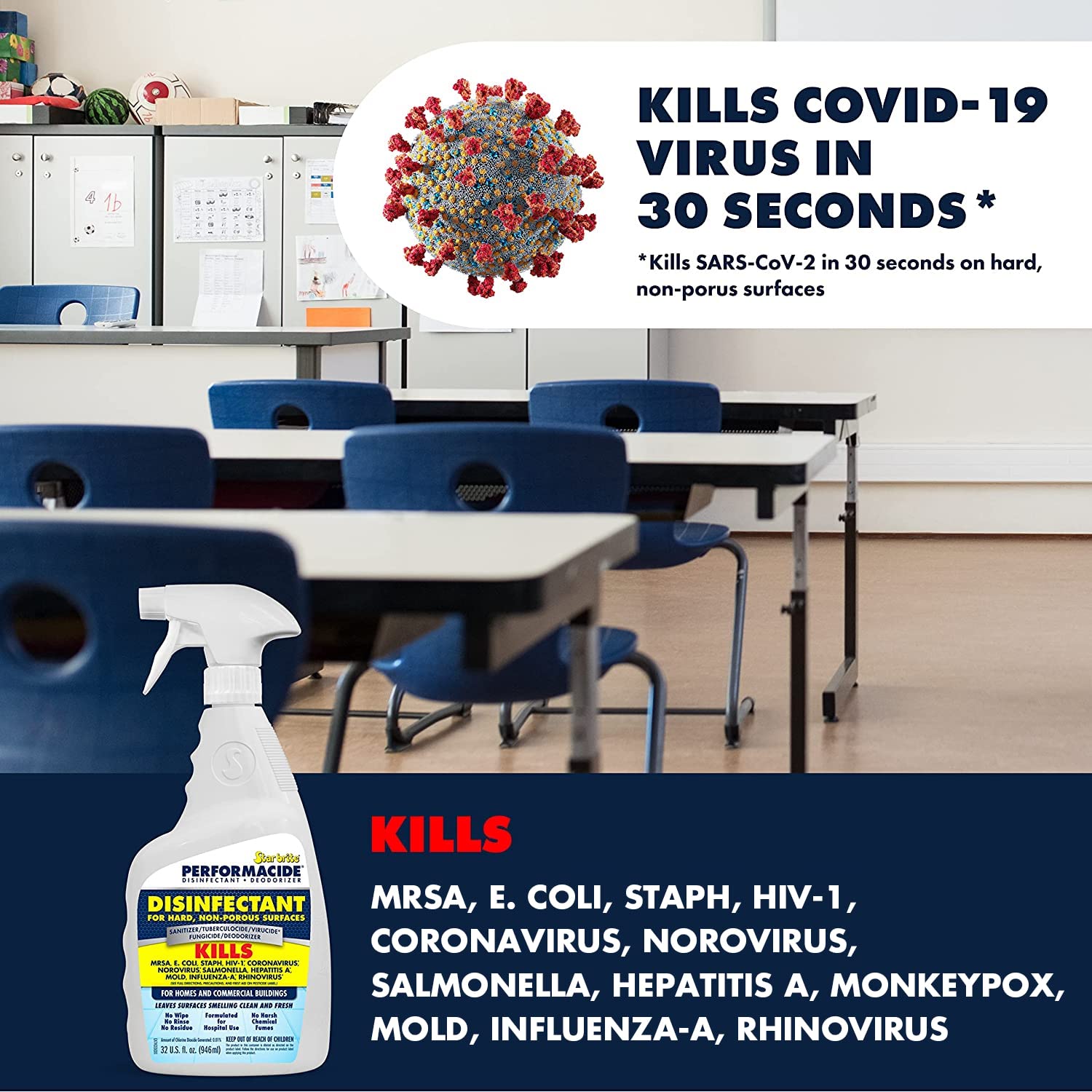 Performacide Disinfectant - Kills COVID-19 Virus in 30 Seconds - No Rinse, No Wipe, No Residue - Just Add Water - 32 OZ. Single Kit (102032)