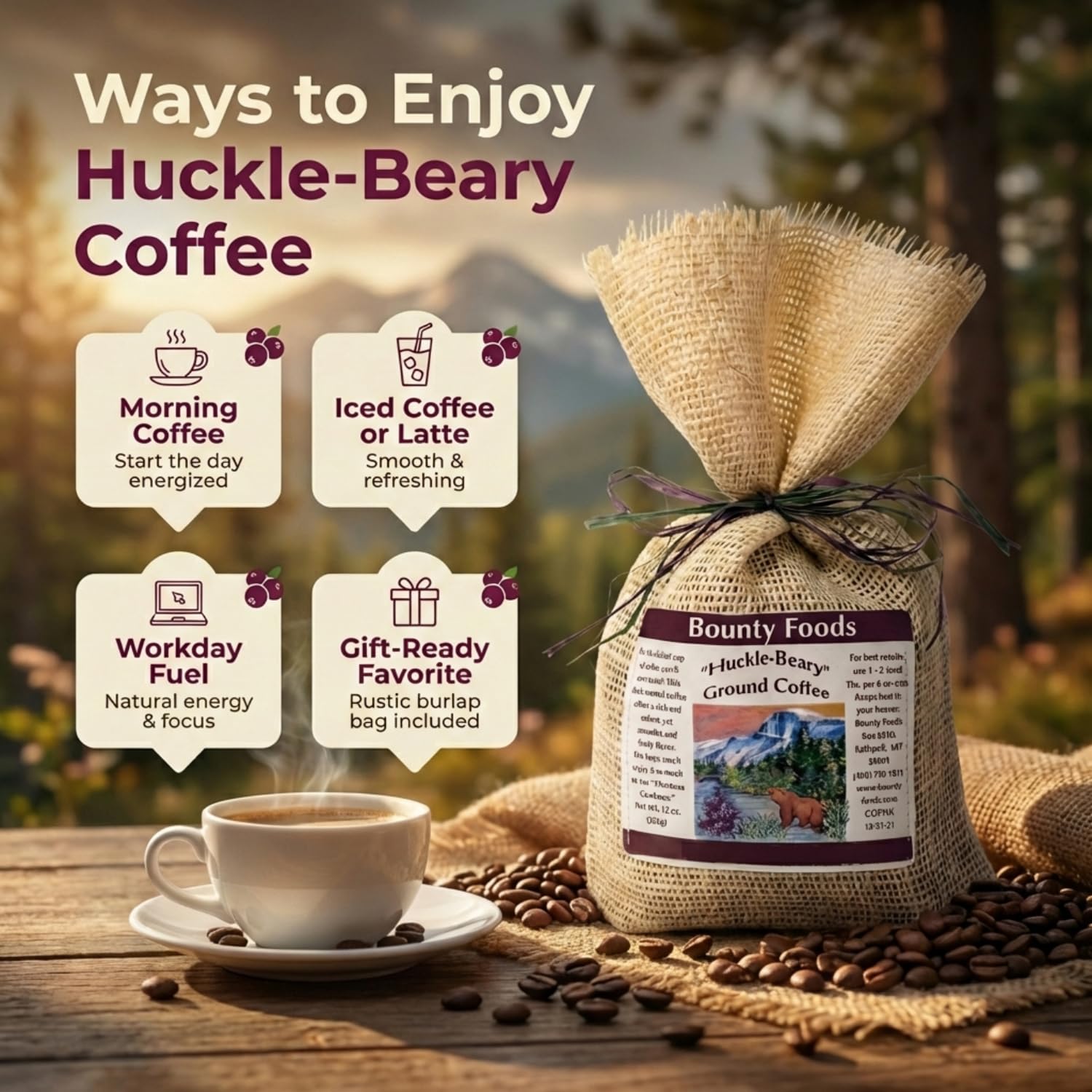 Montana Huckleberry Dessert Ground Coffee - 12 oz Rustic Western Style Burlap Bag from Bounty Foods All Natural Enjoy this Brew as an American