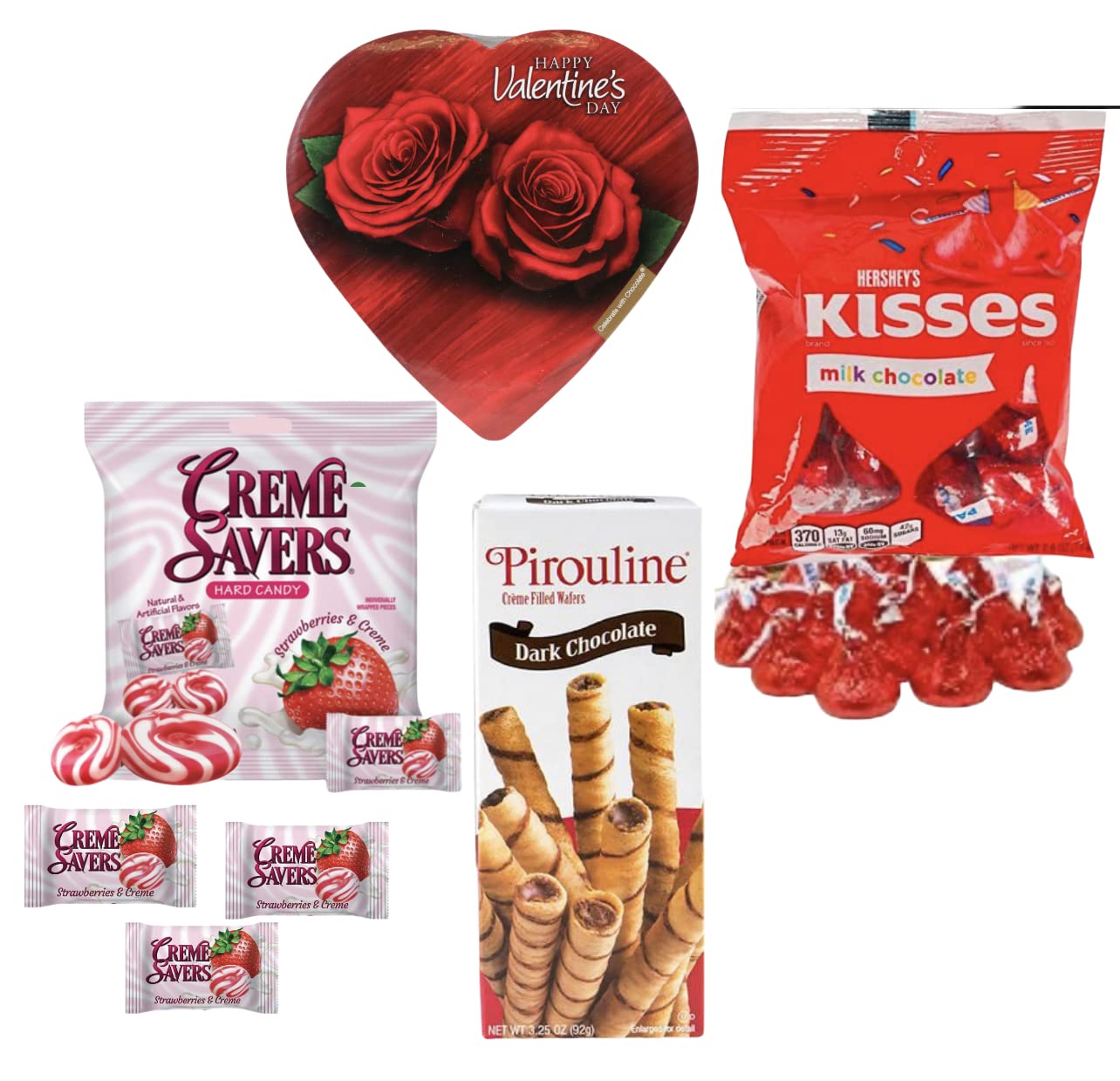 Valentines Day Gift Basket Set | Teddy Bear Plush (COLOR VARYS), Creme Savers Hard Candy, Individually Wrapped, Hershey Kisses Milk Chocolate, Heart