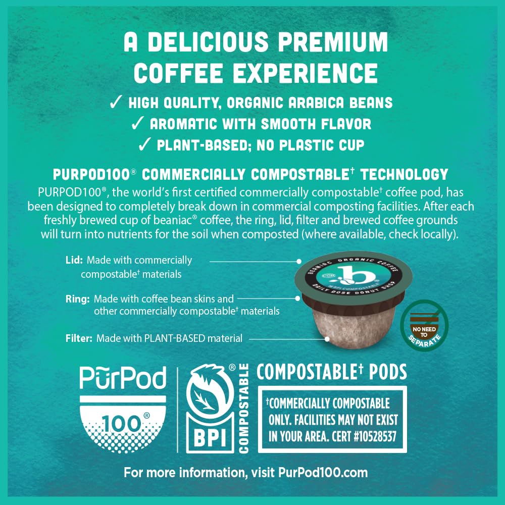 beaniac Organic Daily Dose Donut Shop, Light Roast, Single Serve Compostable K Cup Coffee Pods, Organic Arabica Coffee, Keurig Brewer Compatible, 30