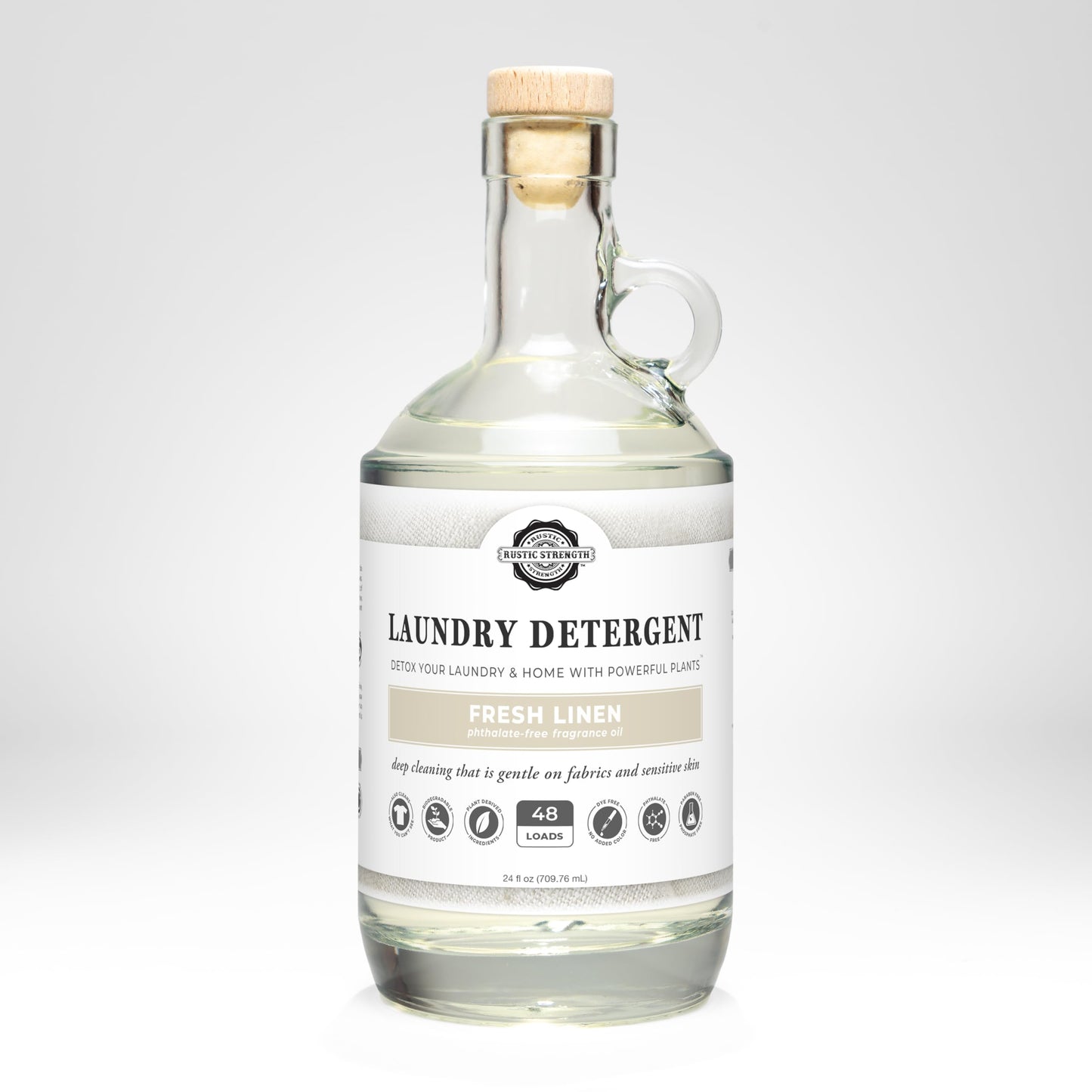 Rustic Strength Natural Laundry Detergent, Fresh Linen Scent, Liquid, Color Safe, Sensitive Skin, HE Compatible, 24 oz Glass