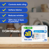 all Fabric Softener Dryer Sheets for Sensitive Skin, Free Clear, 195 Count