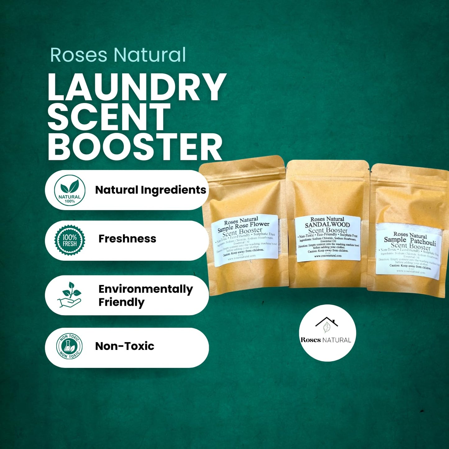Roses Natural Powder Laundry Scent Booster - Discovery Set, Textile Deodorizer, Handcrafted Plant-based Ingredients, 8 Packs, each 4 Oz