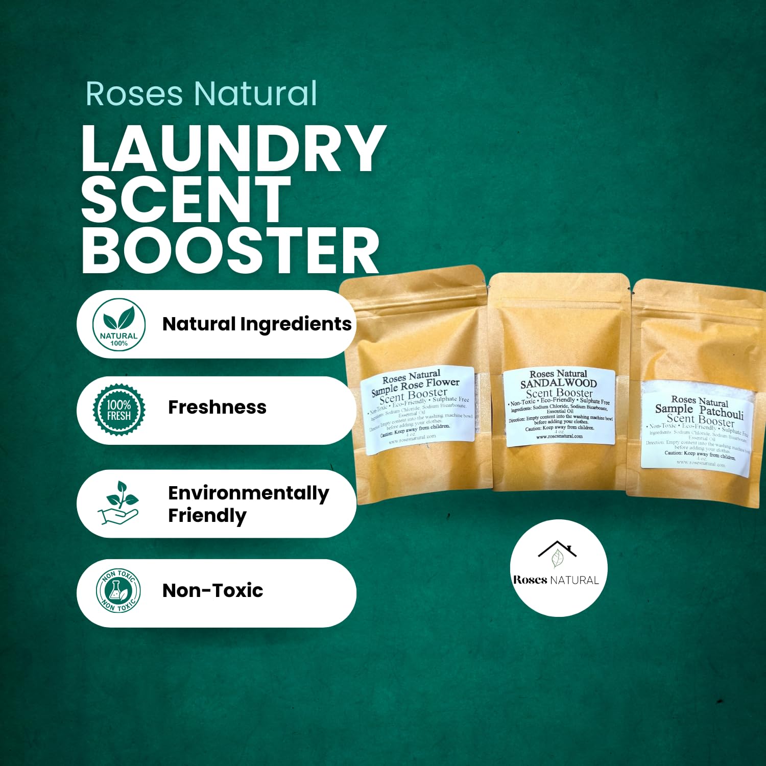 Roses Natural Powder Laundry Scent Booster - Discovery Set, Textile Deodorizer, Handcrafted Plant-based Ingredients, 8 Packs, each 4 Oz