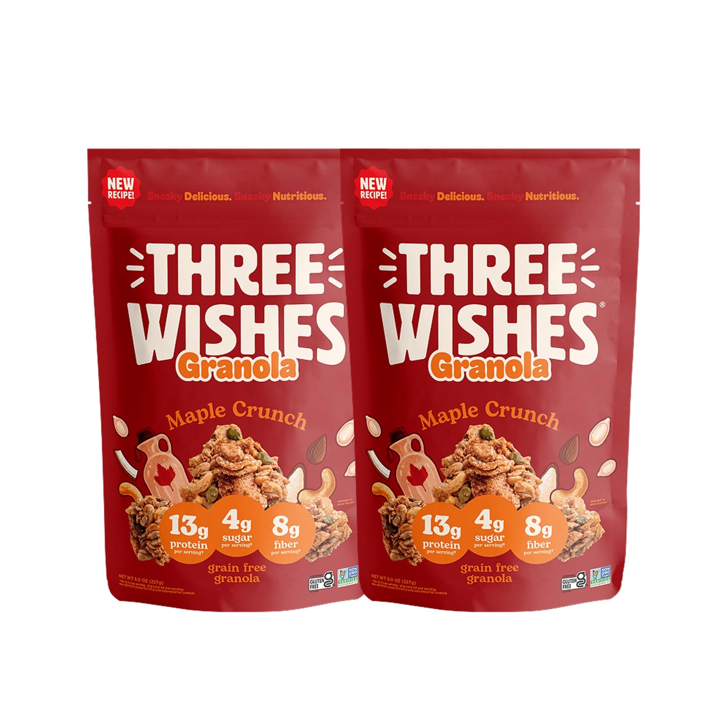 Three Wishes Granola - 13g of Protein & 4g of Sugar - Healthy Breakfast & On-the-Go Snack - Vegan, Kosher, & Grain-Free (8 Ounce Bags, Pack of 2)