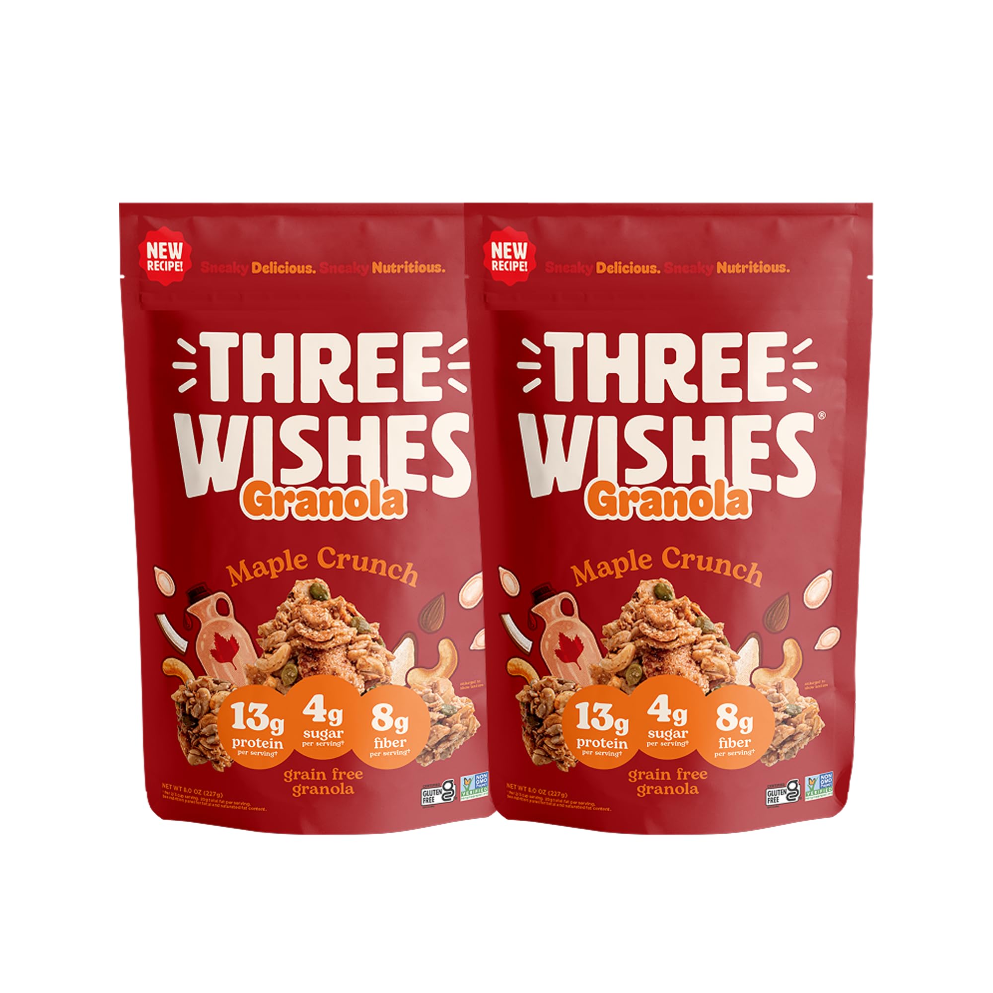 Three Wishes Granola - 13g of Protein & 4g of Sugar - Healthy Breakfast & On-the-Go Snack - Vegan, Kosher, & Grain-Free (8 Ounce Bags, Pack of 2)