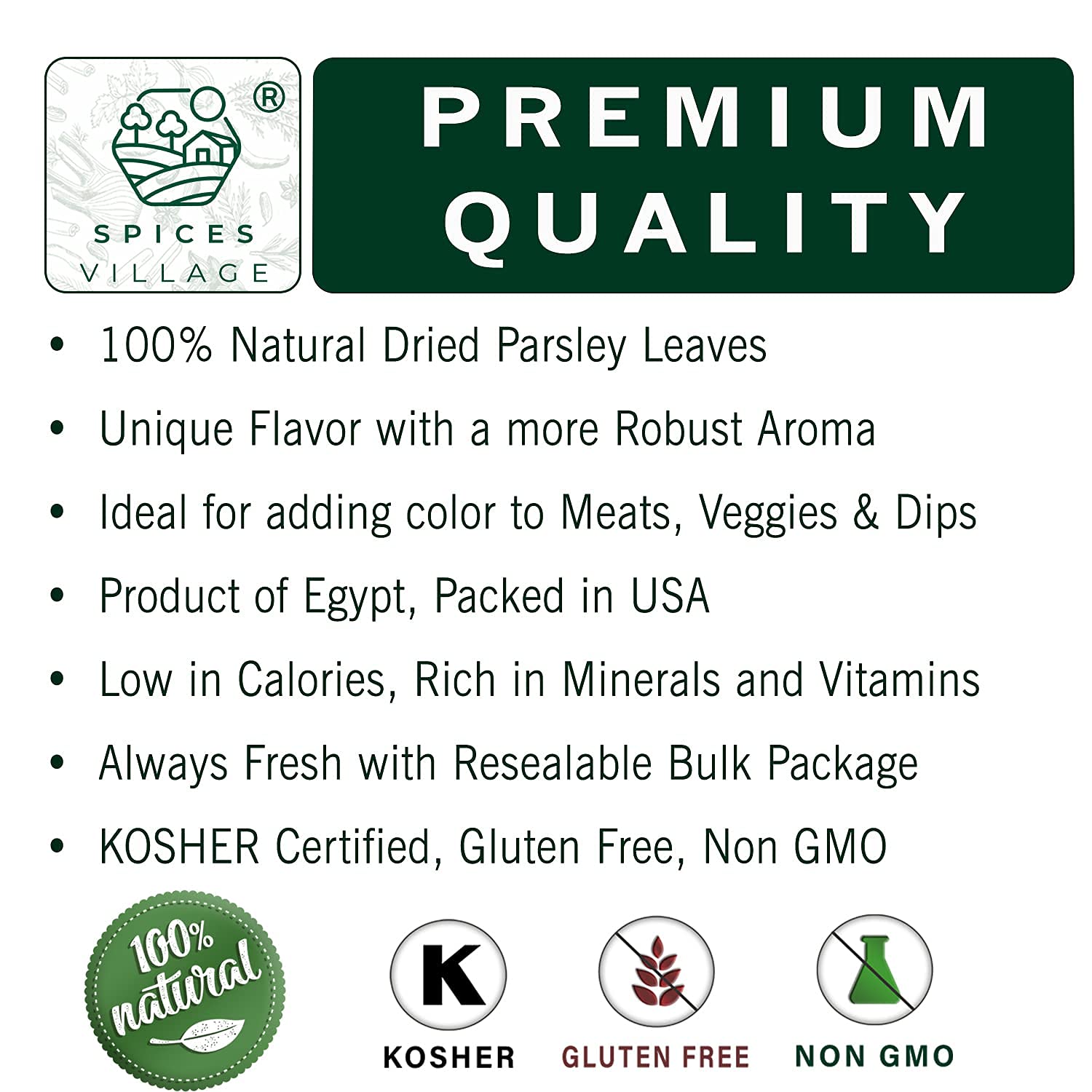 Spices Village Dried Parsley Flakes, Dry Parsley Seasonings, 1.7 Ounces, Kosher Certified, All Natural, Fresh, Gluten Free, Non GMO, Resealable Bulk