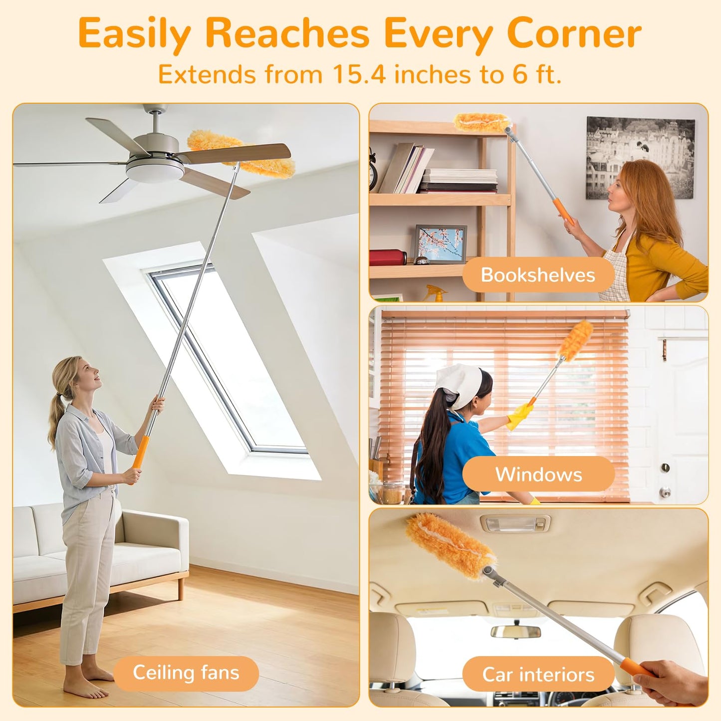 6 ft Heavy Duty Extendable Duster Handle with 50 Refills for Swiffer Duster, 360° Multi-Surface Dusters with 4X Cleaning Power for Home, Ceiling Fans