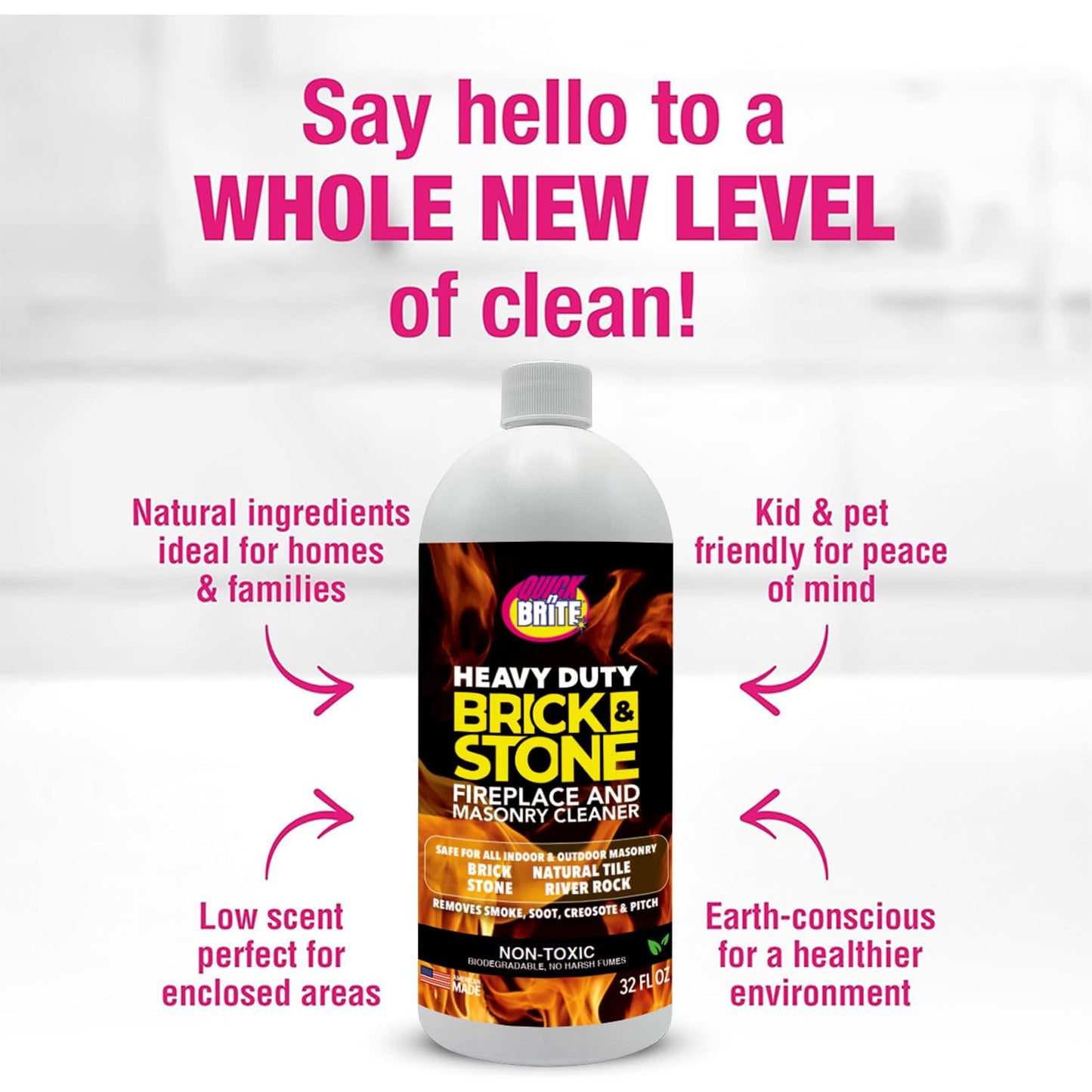 Quick'n Brite Fireplace Brick and Stone Cleaner 32oz with Scrub Brush - Natural Stone, Tile, and Marble Cleaner - Indoor Fireplace and Wood Stove