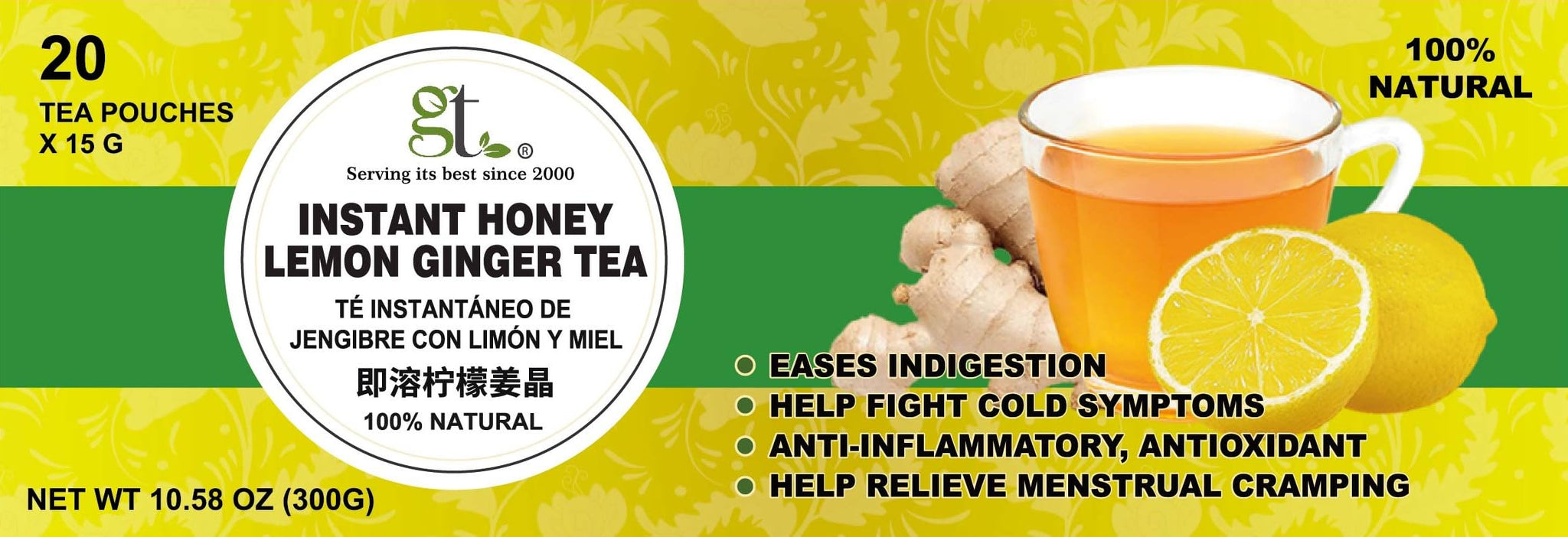 GT Instant Honey Lemon Ginger Tea, 10.58 Ounce Box (20 Tea Pouches)