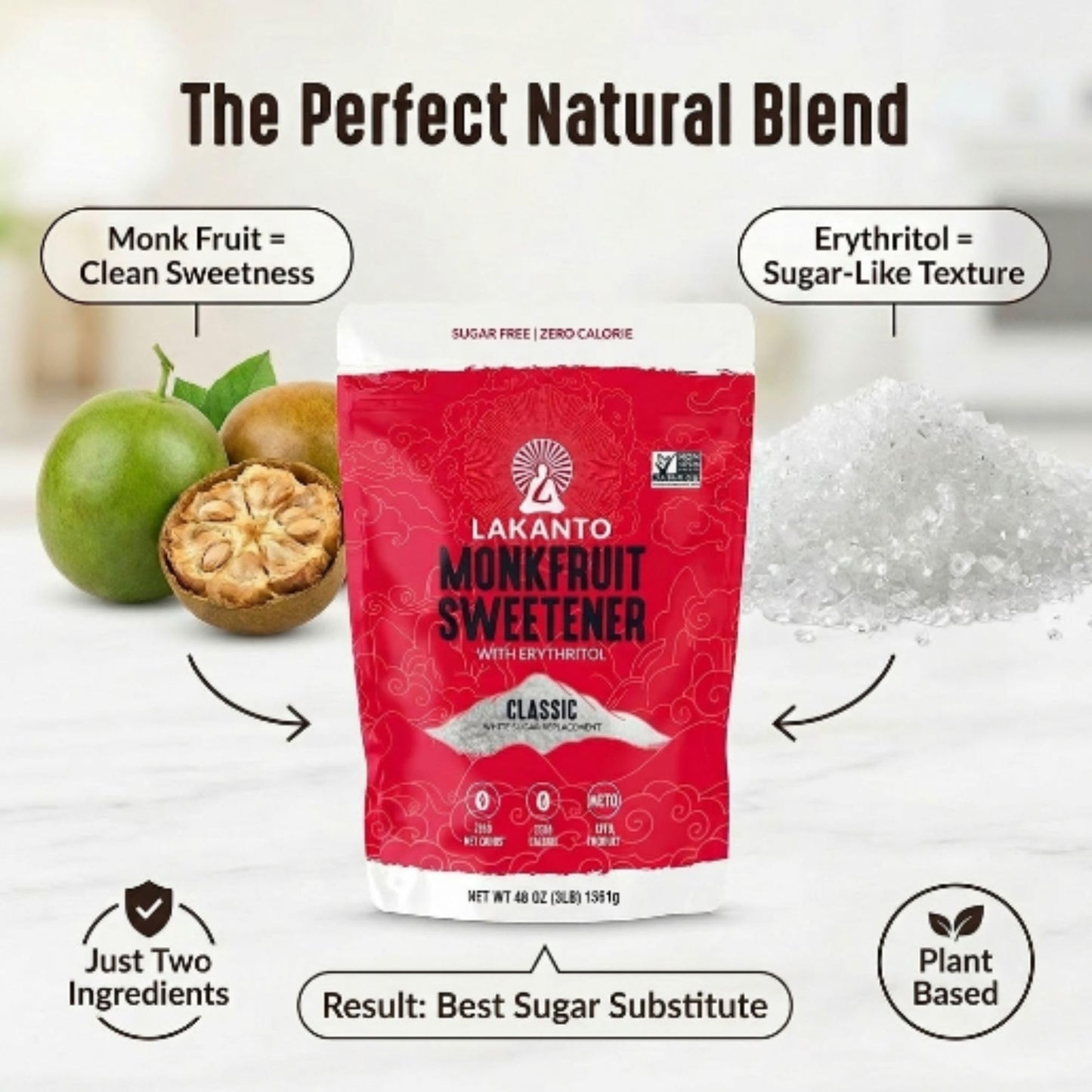 Lakanto Monk Fruit Sweetener With Erythritol, White Sugar Substitute From Monk Fruit Extract, Classic White Sugar Replacement for Baking, Coffee & Tea, Gluten Free, Low Carb, Non GMO, Keto, 1 LB Bag