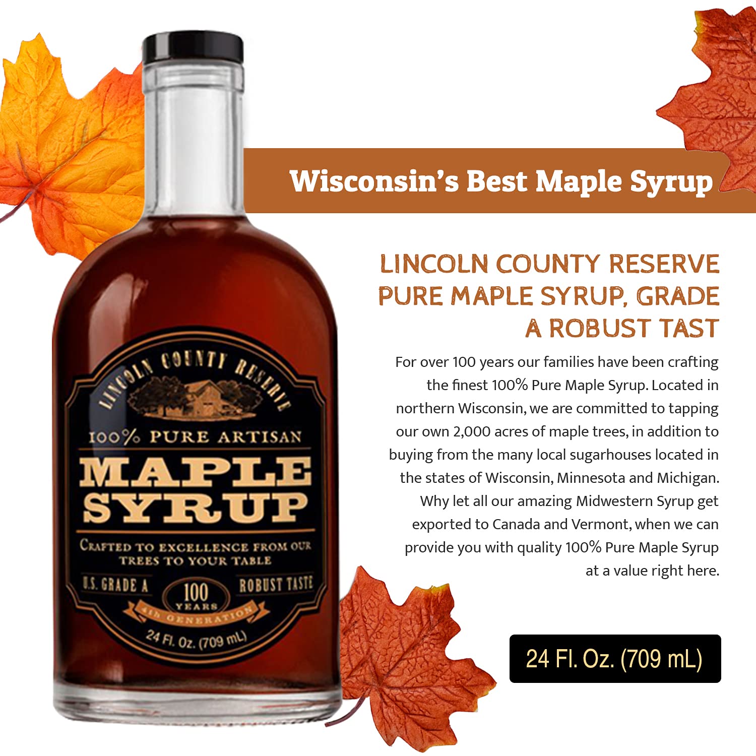 Lincoln County Reserve 100% Pure Maple Syrup with Robust Taste - 100% Pure Artisan Maple Syrup - Made in the USA, 24 oz Glass Bottle 3 Pack
