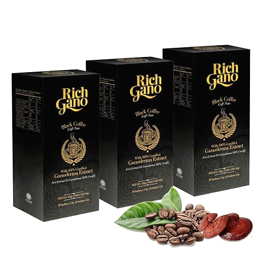 Rich Gano Reishi Mushroom Coffee - (3 Boxes of 30 Sachets) Black Coffee with Ganoderma Extract - All Natural Vegan Friendly Instant Coffee Packets
