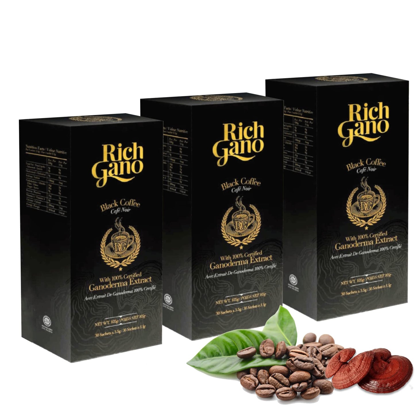 Rich Gano Reishi Mushroom Coffee - (3 Boxes of 30 Sachets) Black Coffee with Ganoderma Extract - All Natural Vegan Friendly Instant Coffee Packets