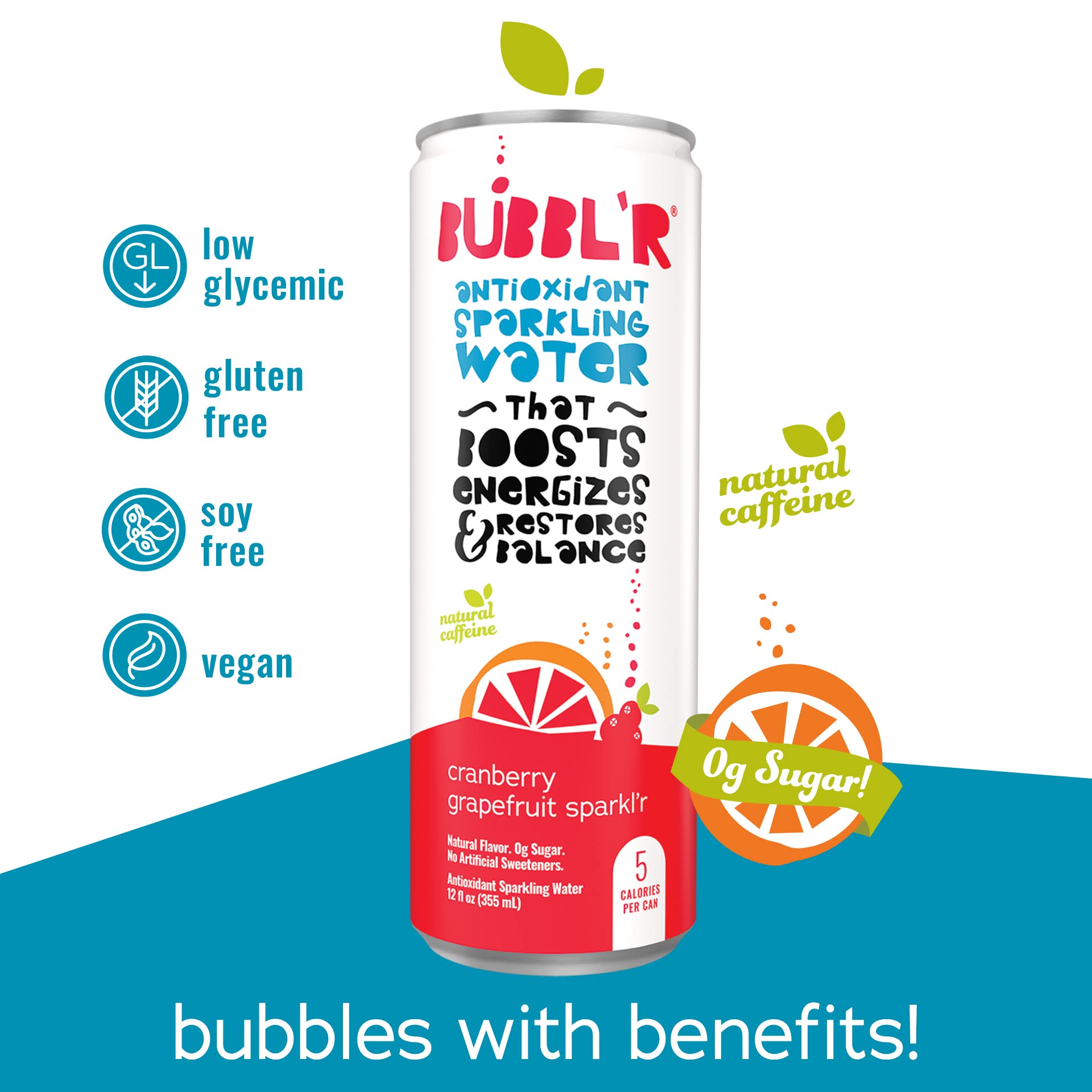 BUBBL'R cranberry grapefruit sparkl'r, Antioxidant Sparkling Water with Natural Caffeine, 0g Sugar, Gluten Free, All Natural Flavors, 12 Fl Oz Cans