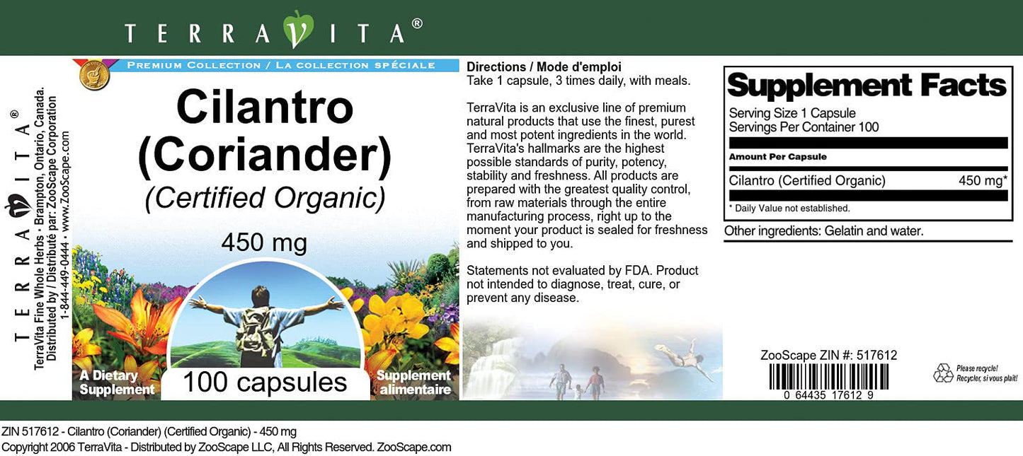 Cilantro (Coriander) (Certified Organic) - 450 mg (100 Capsules, ZIN: 517612) - 3 Pack