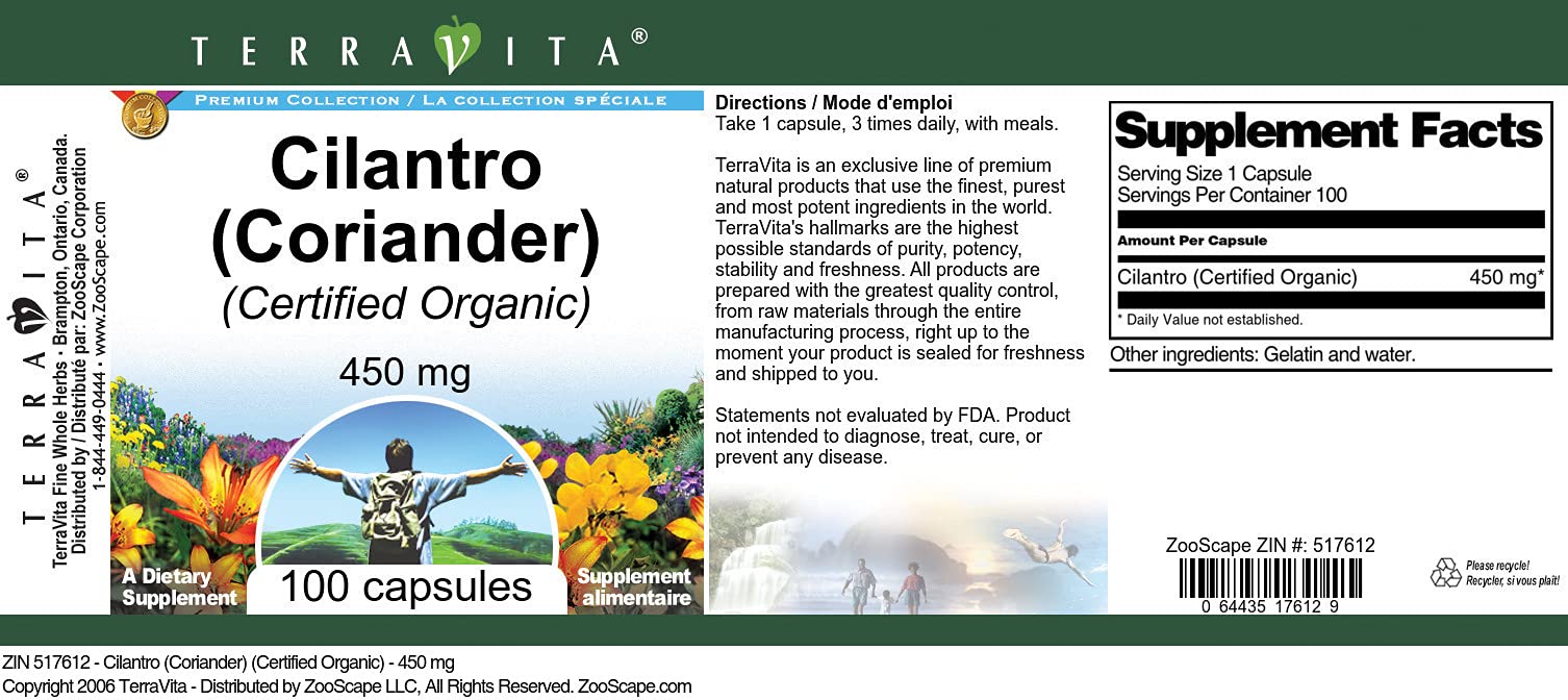Cilantro (Coriander) (Certified Organic) - 450 mg (100 Capsules, ZIN: 517612) - 3 Pack