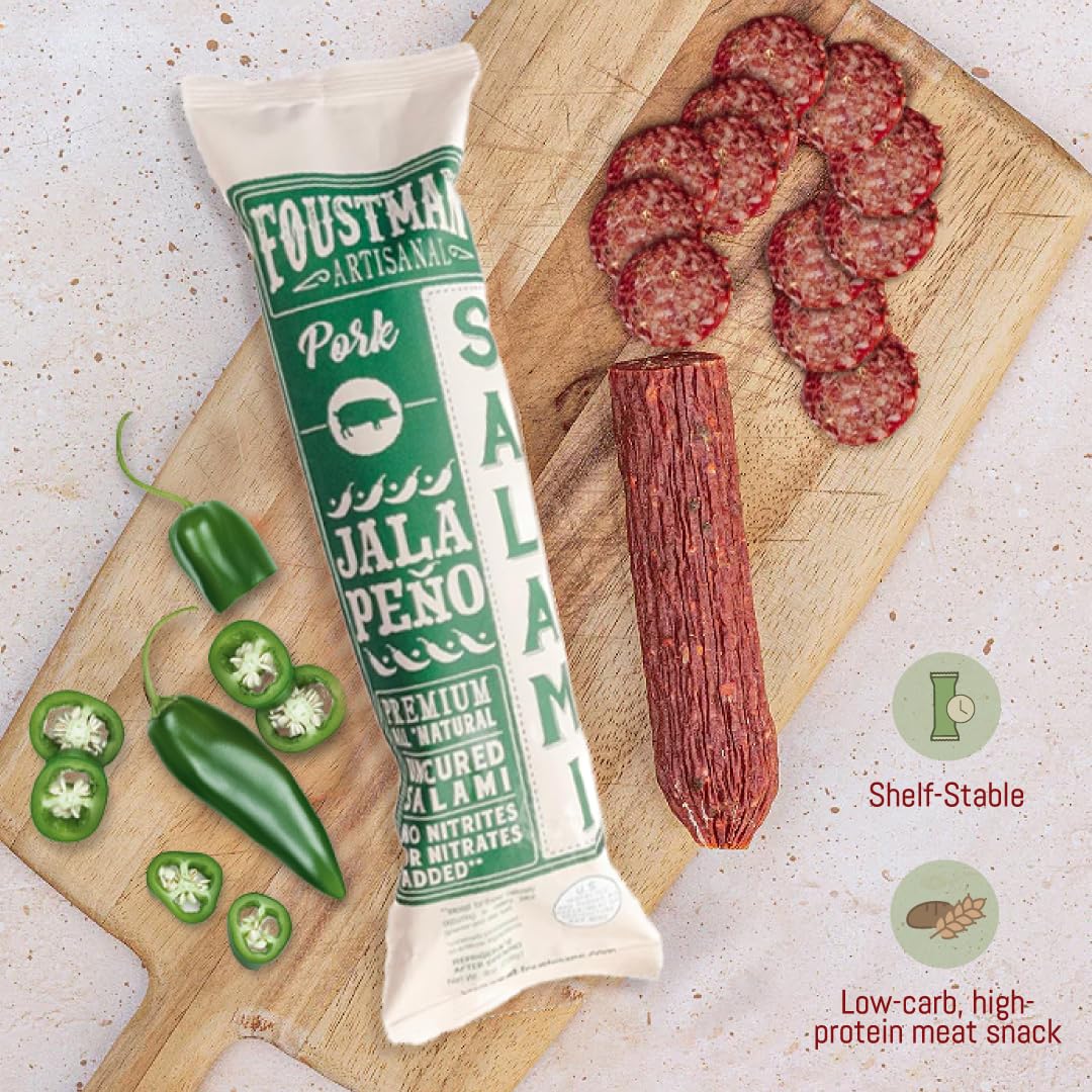 Foustman's Salami Jalapeno Pork Artisanal, Nitrate-Free, Naturally Cured Lunch Meat, Gluten-Free, Dairy-Free, 8 Oz.