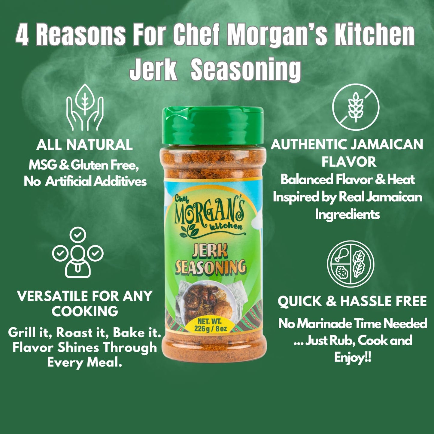 Chef Morgan’s Kitchen Jerk Seasoning - MSG & Gluten Free, 8oz. Authentic Jamaican Spice Blend for Jerk Chicken - Dry Rub for Grilling, Baking