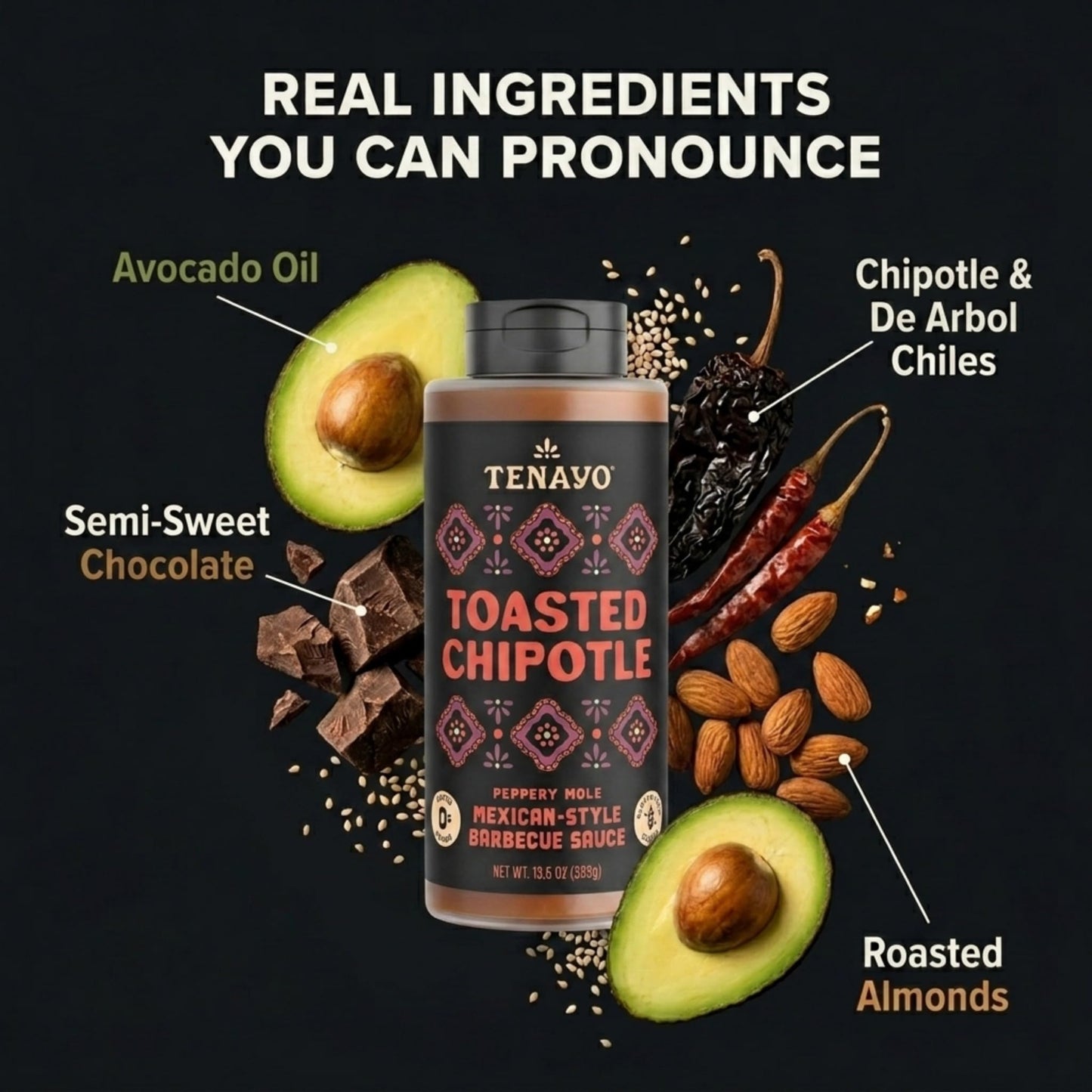 Tenayo Toasted Chipotle Barbecue Sauce, 2-Pack (13.5 oz Bottles) - Mexican Style Sauce with Chipotle Peppers, Chocolate & Spices - Only 1g of Sugar